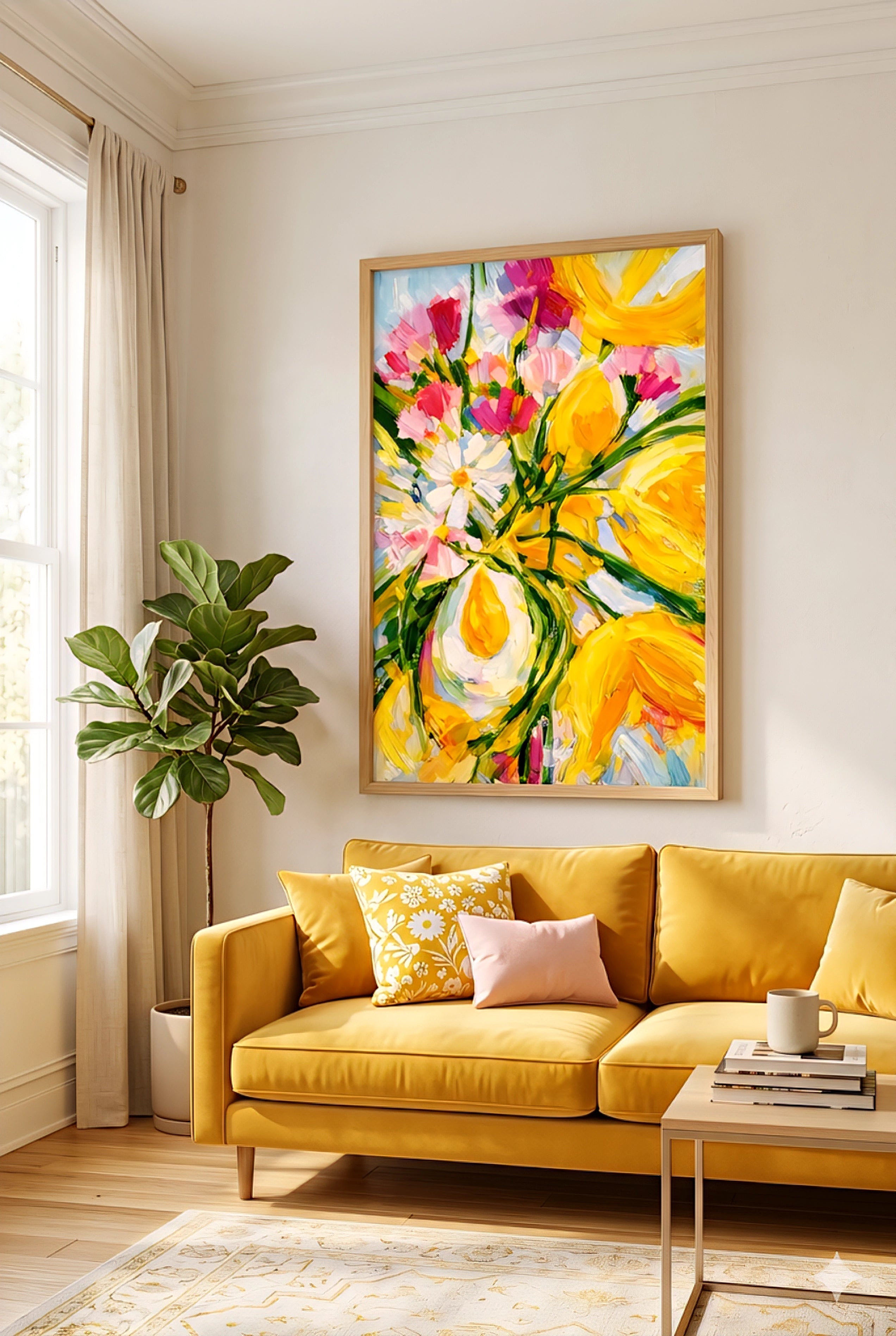 Yellow floral abstract wall art above a mustard sofa in a bright living room with neutral walls, soft curtains, and greenery, creating a warm, modern decorinspo with bold color accents