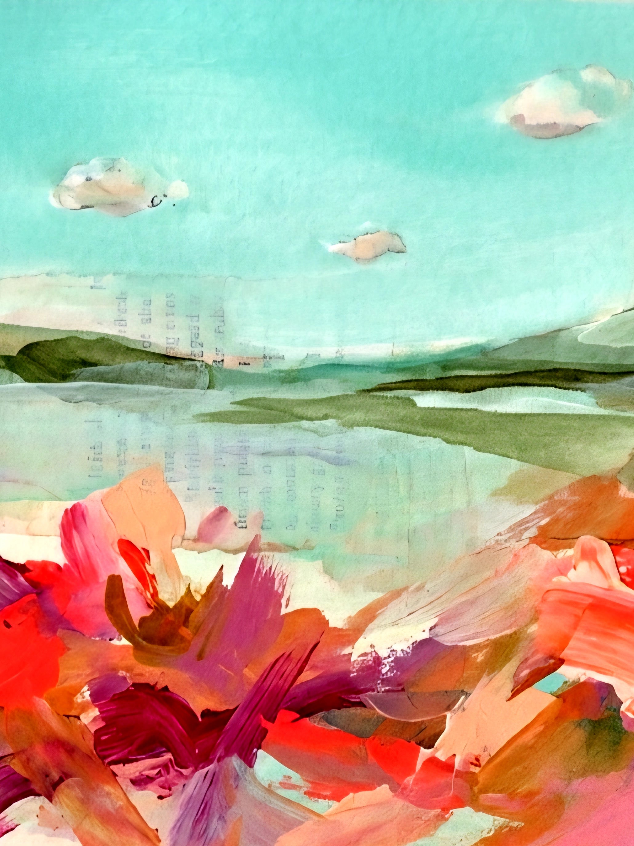 Abstract coastal landscape vertical wall art in aqua and coral tones, modern printable art with soft sky, layered shoreline, and bold painterly brushstrokes for statement wall decor