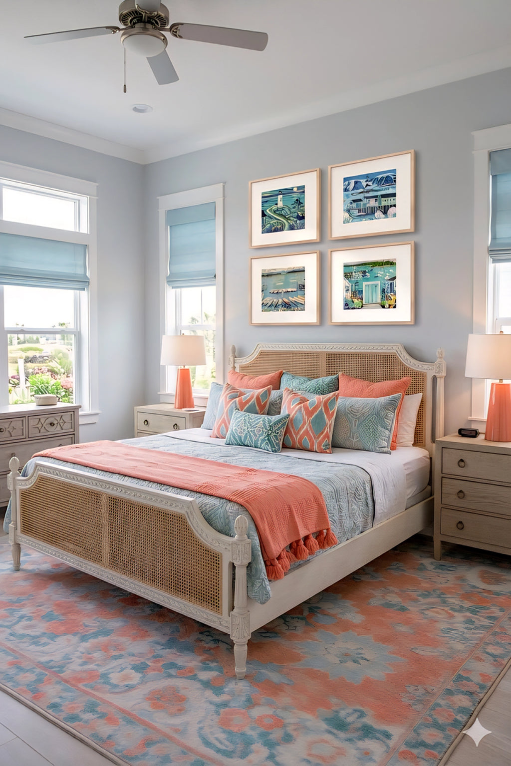 Coastal wall art bundle of 4 digital downloads displayed above a woven bed in a bright bedroom, featuring lighthouse, harbor boats, and seaside cottages in blue and coral tones, styled with layered pillows and soft textures for relaxed coastal decorinspo bedroom styling