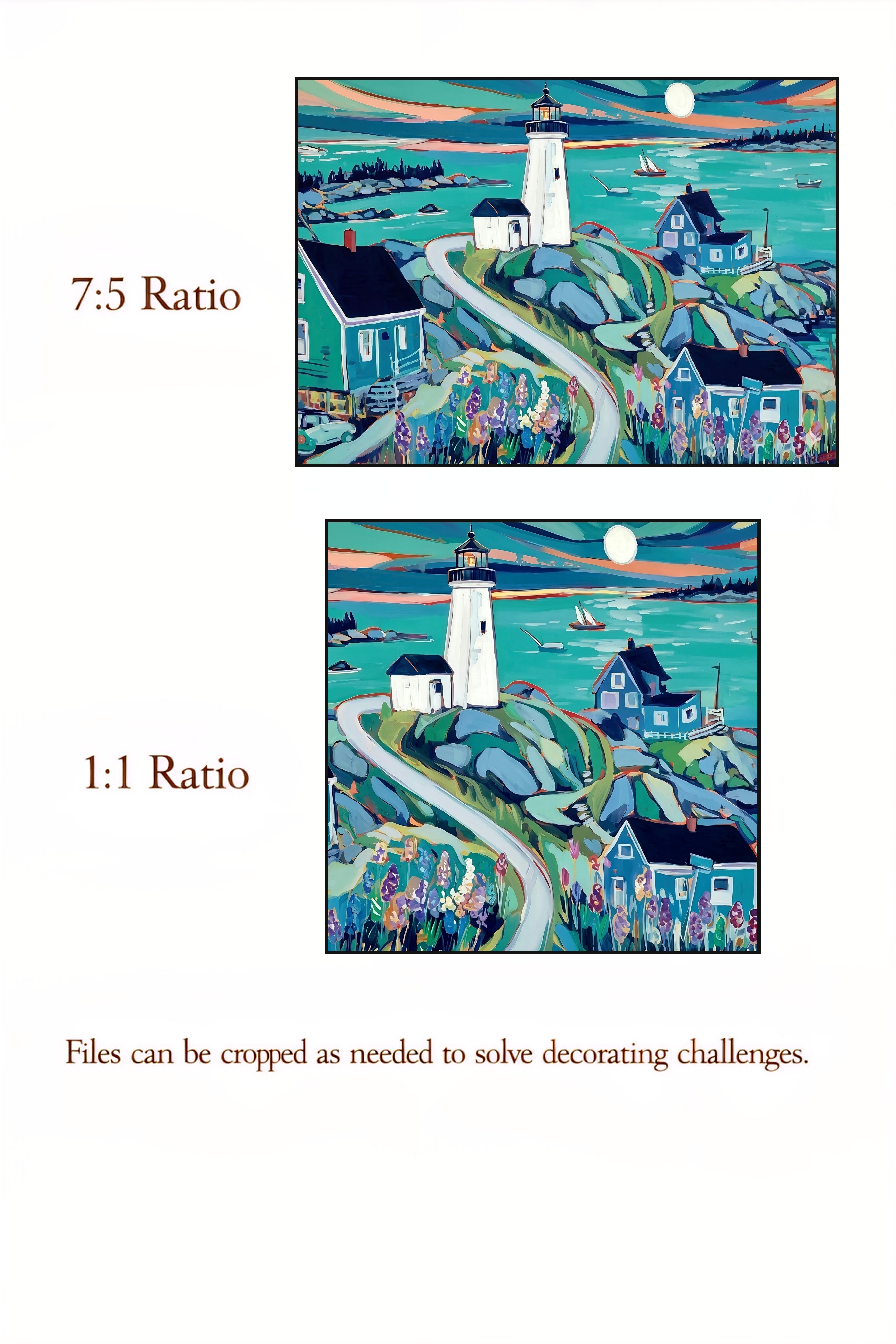 Two illustrations of a lighthouse scene with different aspect ratios on a white background.