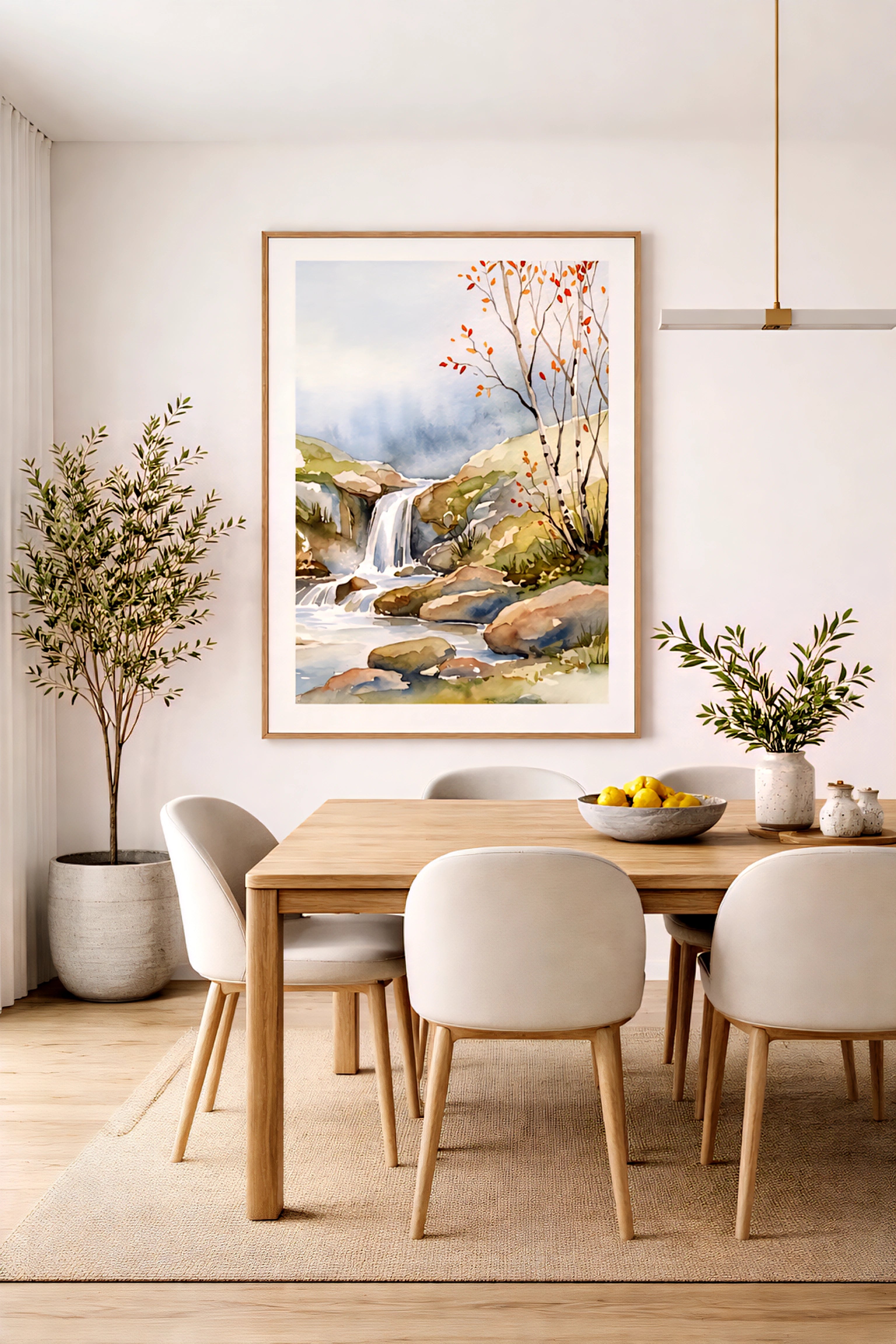 Waterfall landscape printable wall art displayed in a modern neutral dining room, featuring a soft watercolor nature scene with earthy tones, framed above a wooden table with olive greenery for upscale decorinspo styling.