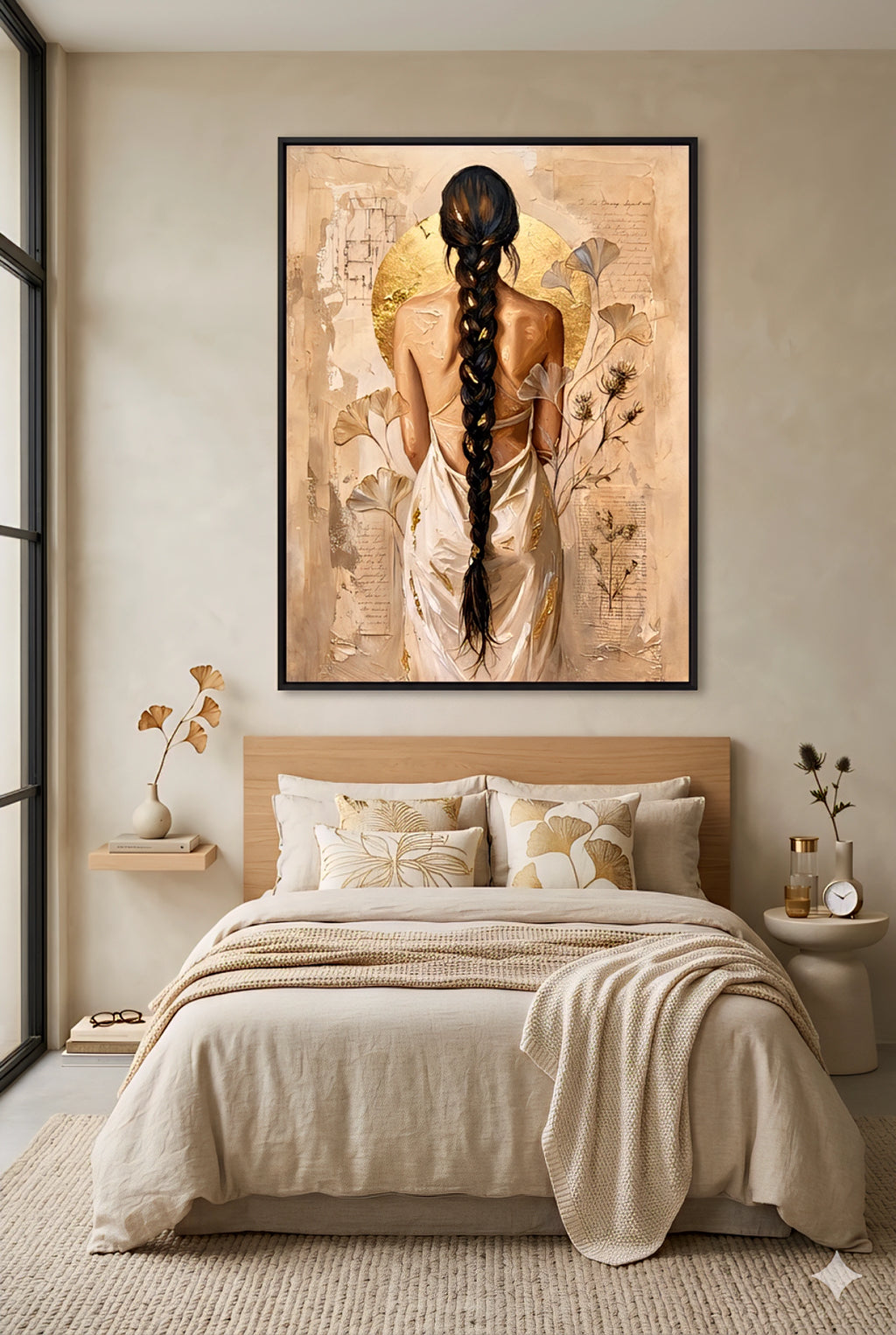 Neutral boho wall art of a woman with a long braid and gold abstract background styled above a bed with beige bedding and soft minimalist bedroom decor