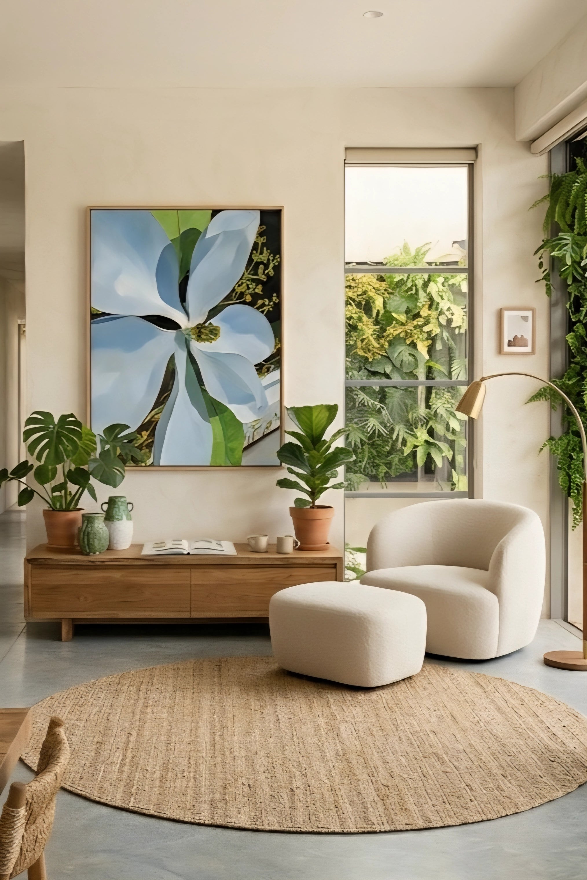 Alt Text: Magnolia wall art printable in bright modern living room, large white floral artwork above wood console, botanical digital download, organic decor with indoor plants, neutral tones and natural textures