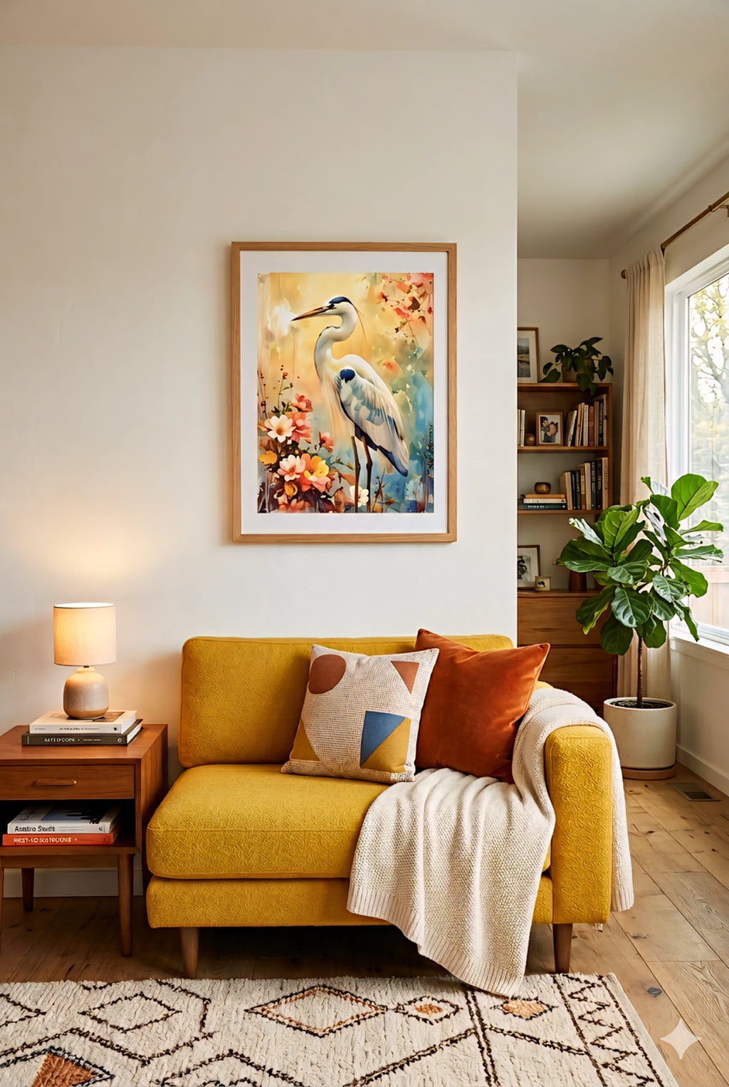 Great blue heron wall art print styled in a modern living room with a mustard sofa, neutral walls, and minimal decor, featuring a vibrant floral watercolor bird artwork that adds color and elegance, perfect art for contemporary, modern traditional, and cozy living room decor, digital download printable in multiple ratios for flexible wall styling