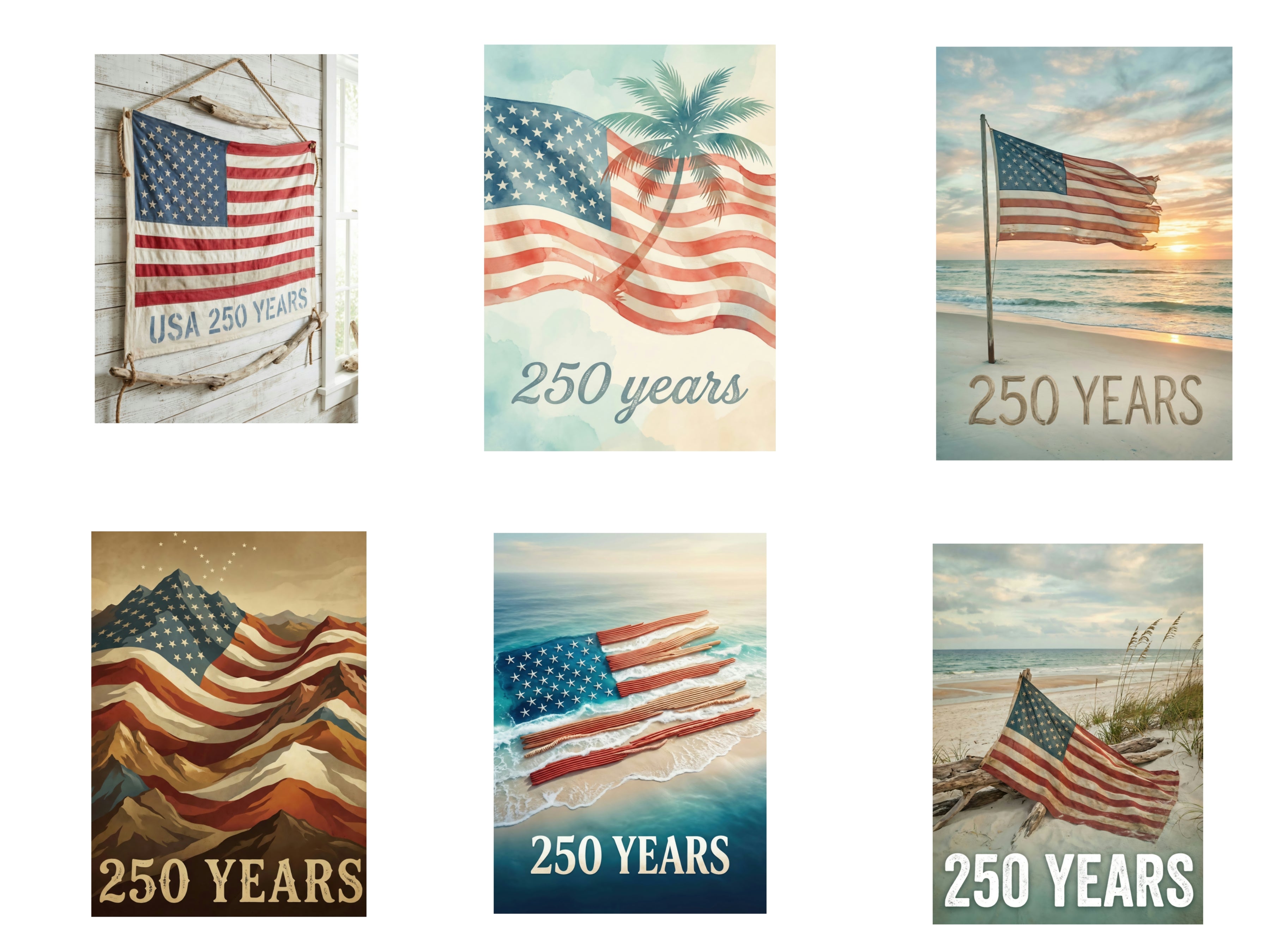 Collection of digital posters featuring American flags on a beach with '250 Years' text.