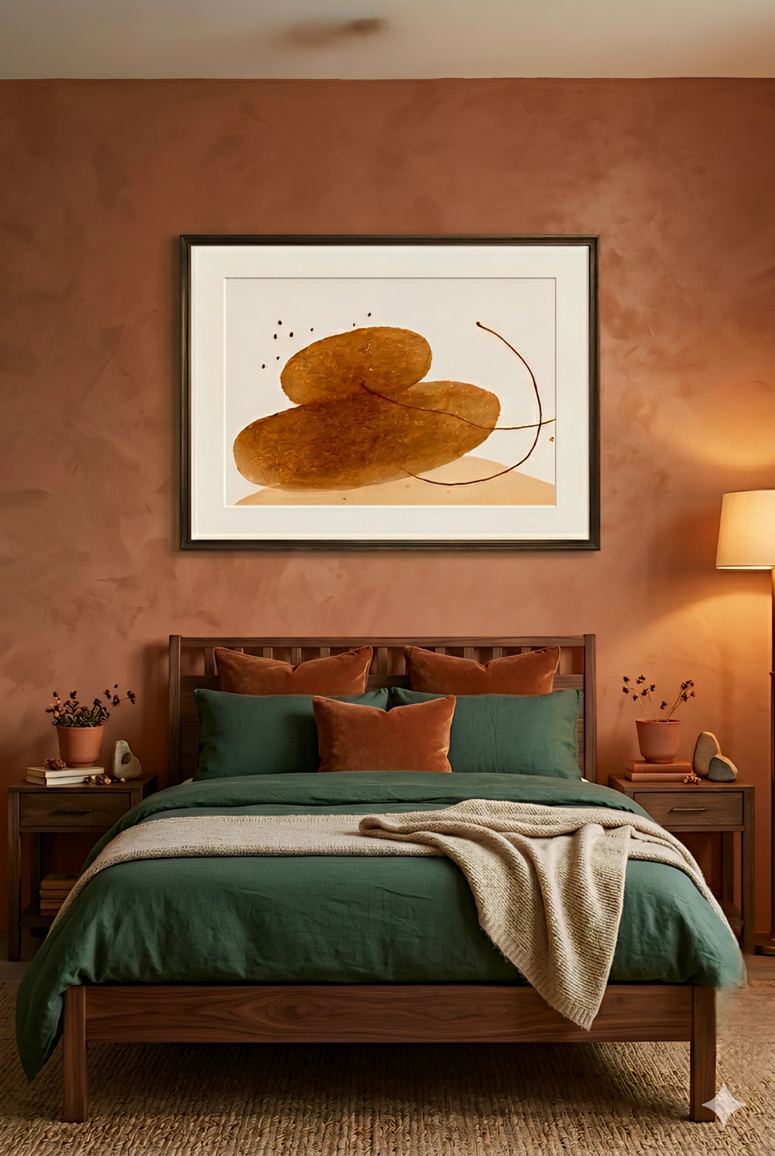 Neutral abstract wall art above bed with green bedding and terracotta wall modern bedroom decor printable