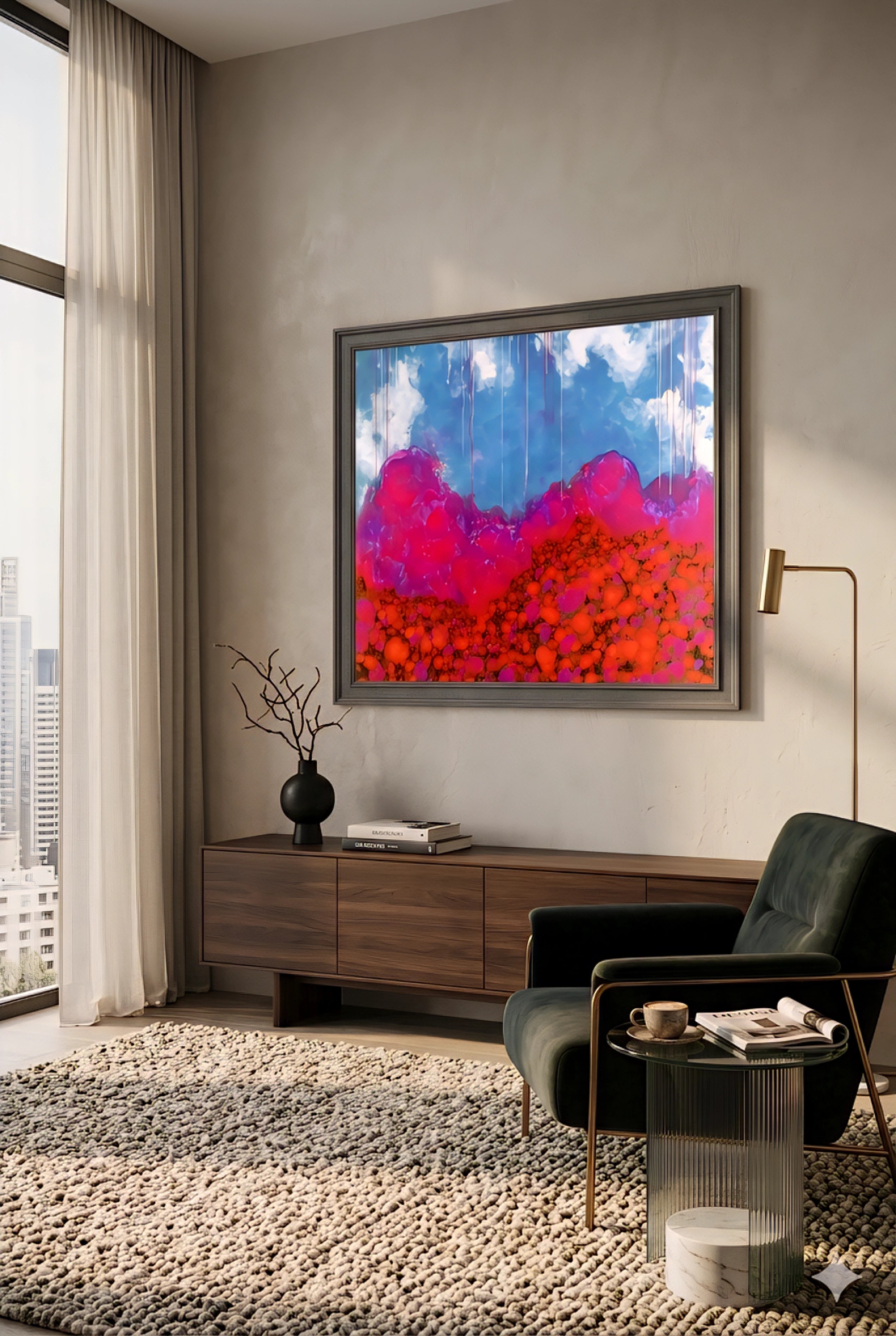 Framed colorful abstract landscape wall art above modern wooden console in upscale living room with neutral tones, textured rug, and lounge chair, printable digital download display