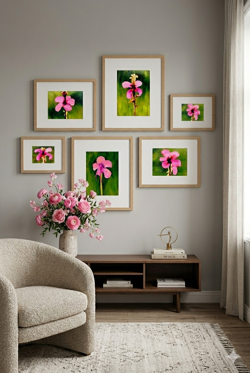 Pink floral printable gallery wall in cozy neutral living room, light oak frames above wood console, soft feminine decor, DIY wall art download, affordable designer decorinspo