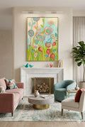 Pastel abstract floral wall art displayed above fireplace in modern living room, soft teal and blush tones add bright elegant decorinspo