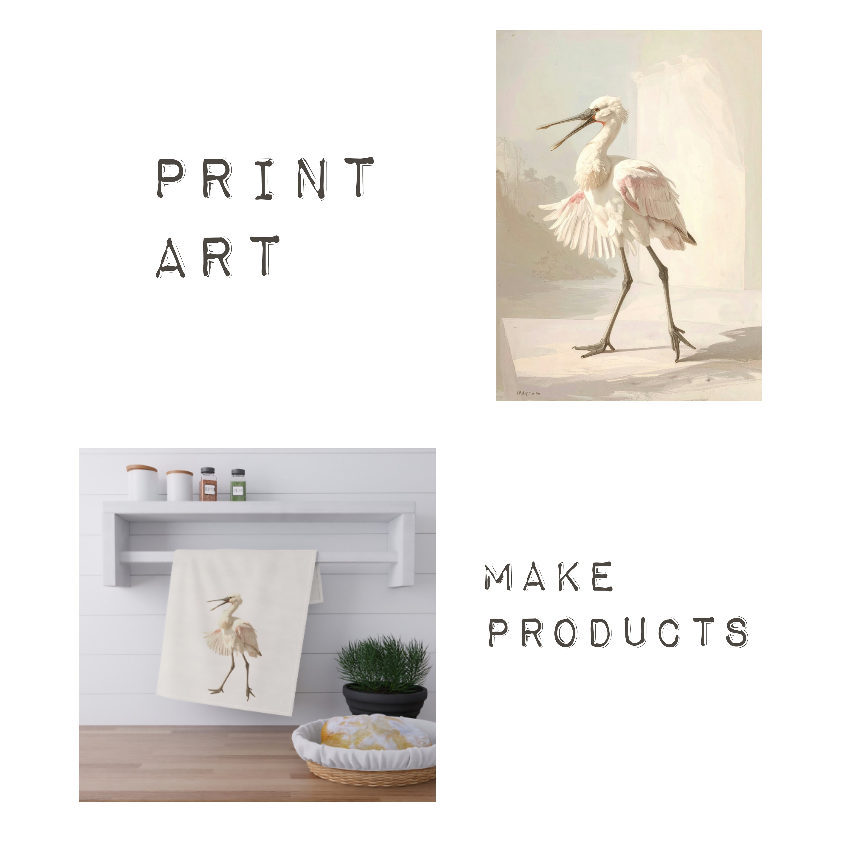 Collage of print art with a spoonbill  bird design, including a wall art piece and a towel made from digital art file.