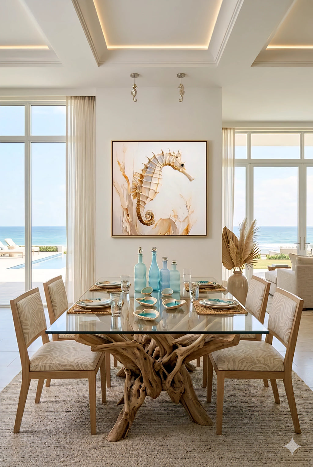 Dining room with a glass table and wooden base, chairs, and a digital print seahorse artwork on the wall.