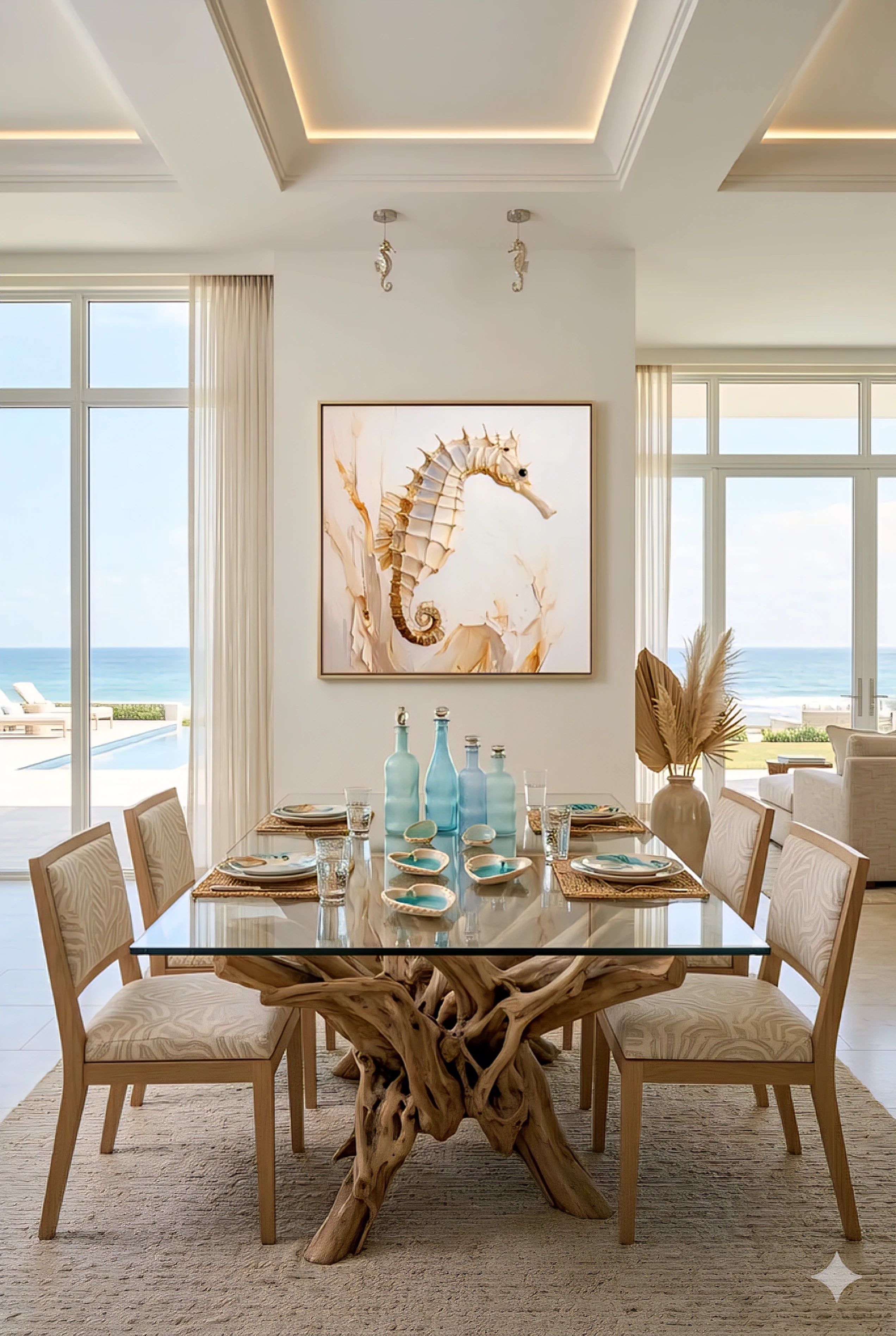 Dining room with a glass table and wooden base, chairs, and a digital print seahorse artwork on the wall.