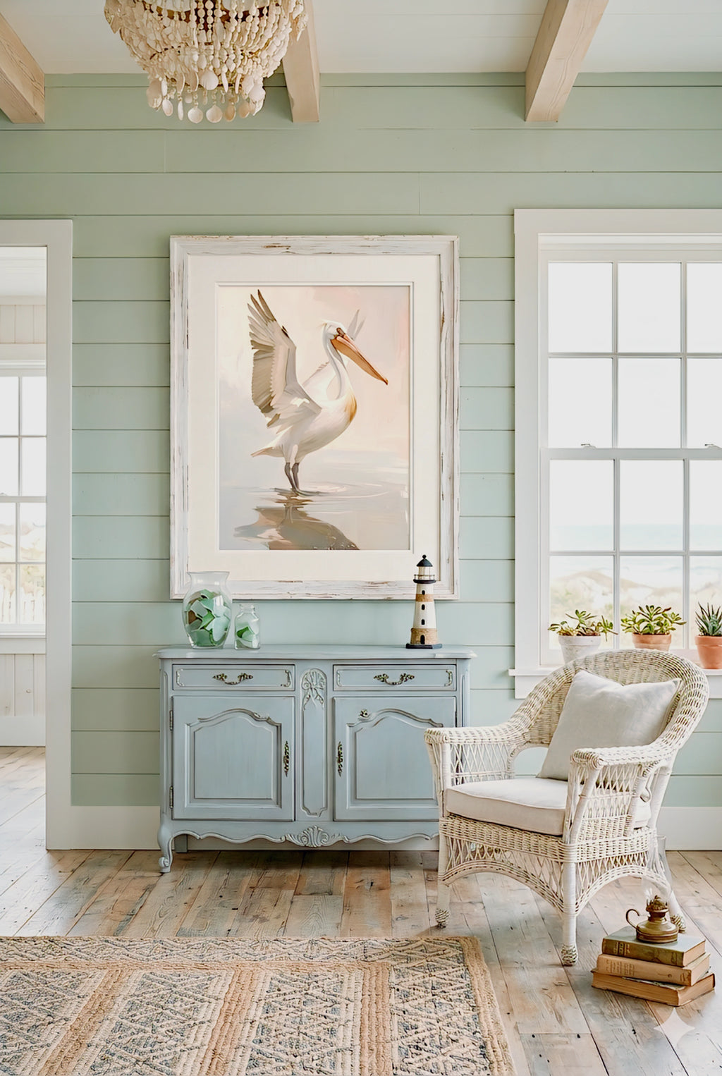 Neutral pelican digital print in coastal living room