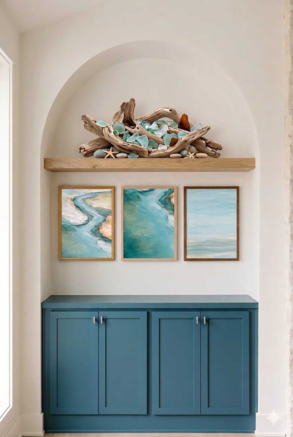 Coastal arched niche with three ocean prints above blue cabinet, driftwood decor and beach inspired styling