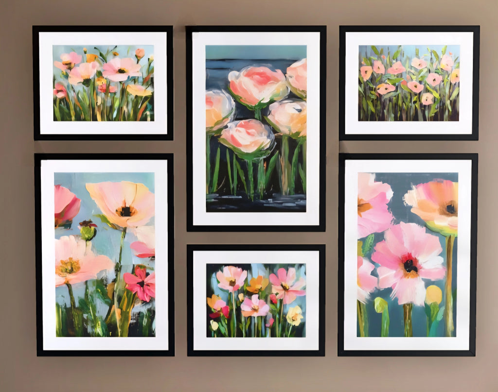 floral gallery wall art set of 6 printable flower prints in black frames featuring soft pink and peach blooms arranged in a balanced modern layout for feminine home decor