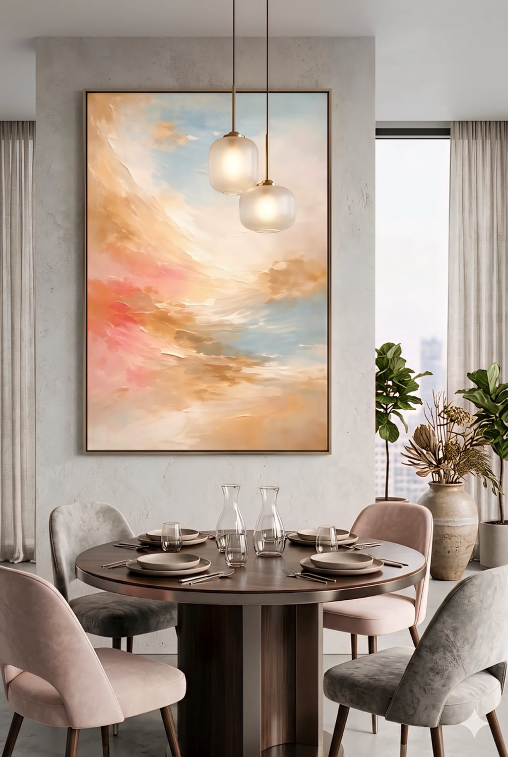 Dining room with coral and blue abstract wall art above round table, warm modern decor with blush chairs, pendant lighting, and soft neutral styling