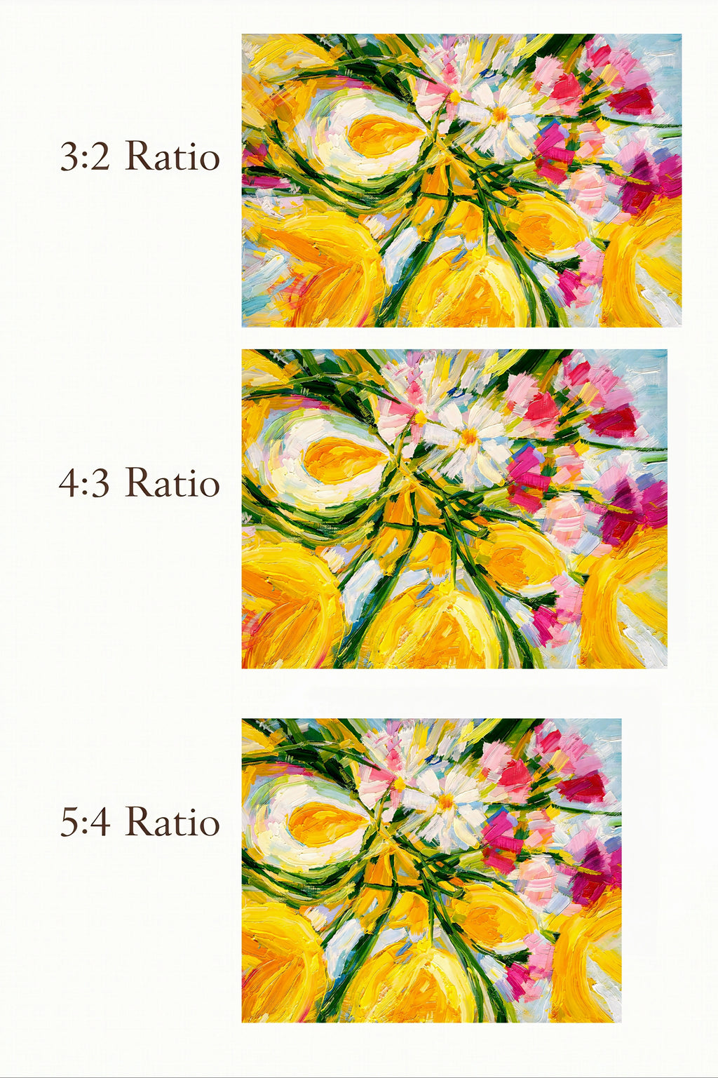 Three different aspect ratios of a floral painting with yellow and pink flowers.
