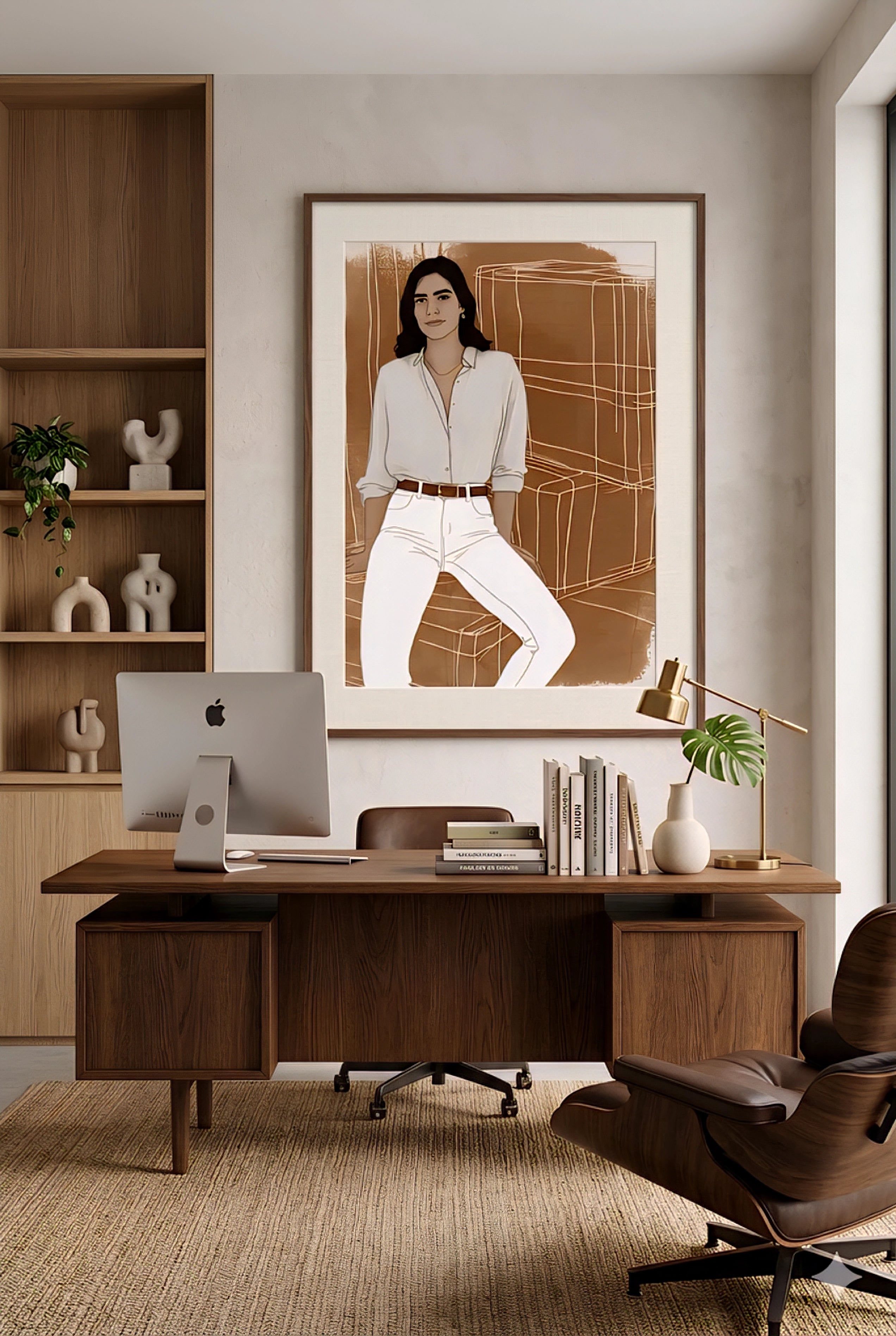 Earth tone modern portrait artwork above wood desk in stylish home office with warm neutral decor