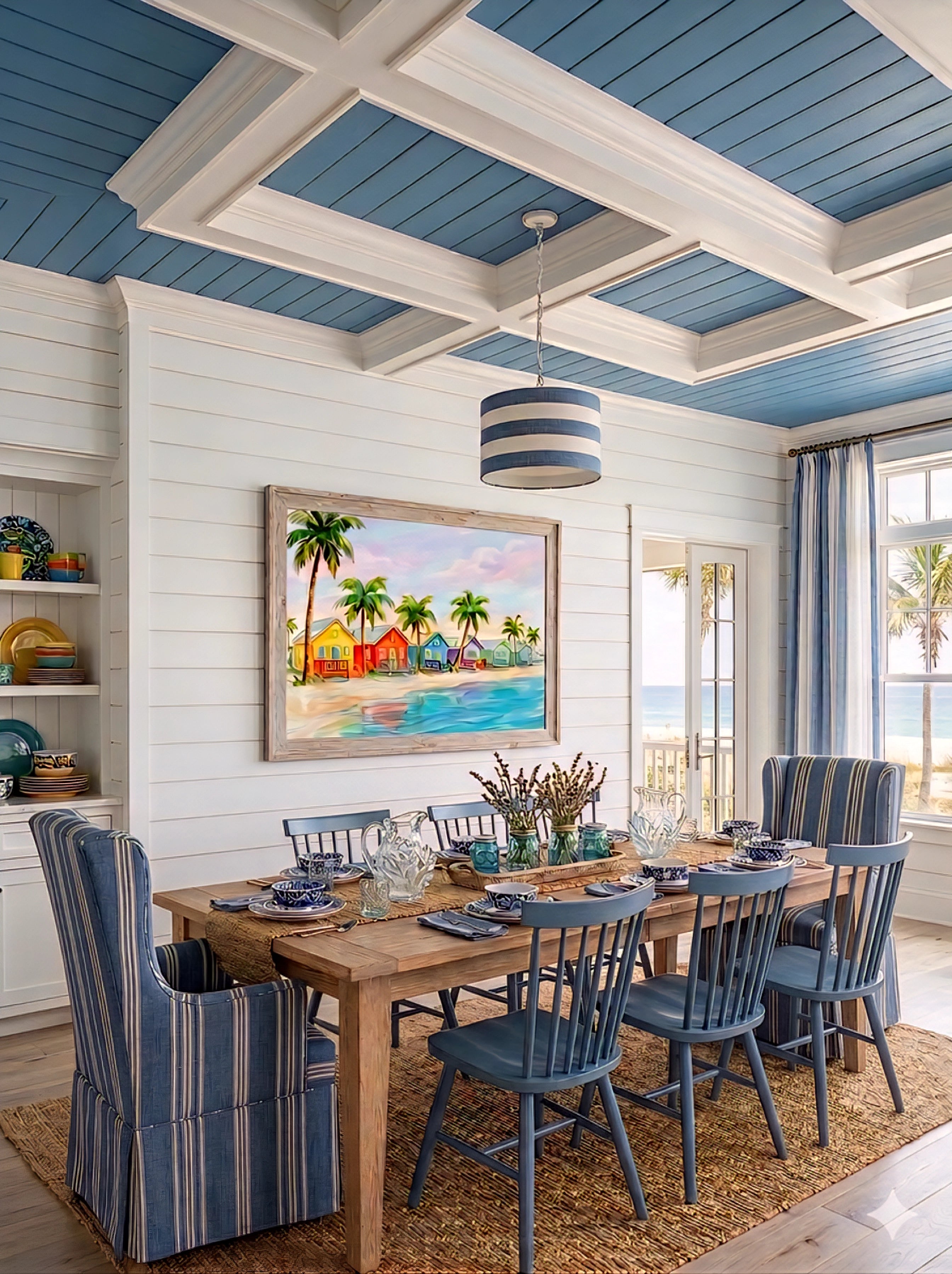 Colorful beach houses wall art in coastal dining room, tropical palm tree ocean print framed above table for bright beach house decor