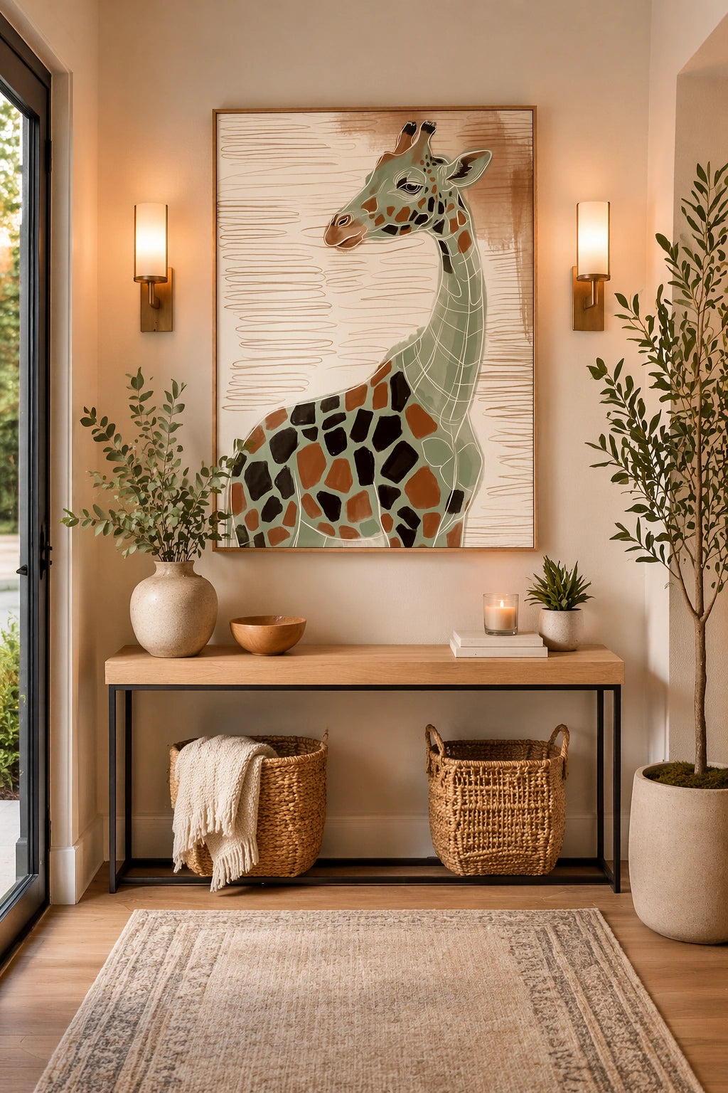 Earth tone giraffe wall art above entryway console with neutral decor, woven baskets, plants, and warm lighting