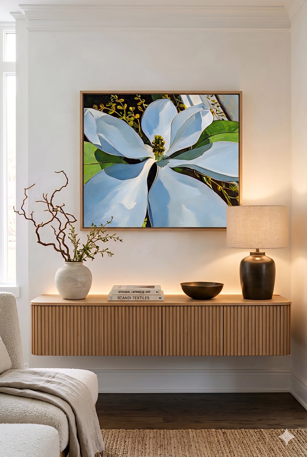 Magnolia flower wall art printable above floating wood console, large white floral artwork in modern neutral living room, botanical digital download, minimalist decor with warm lighting and natural textures