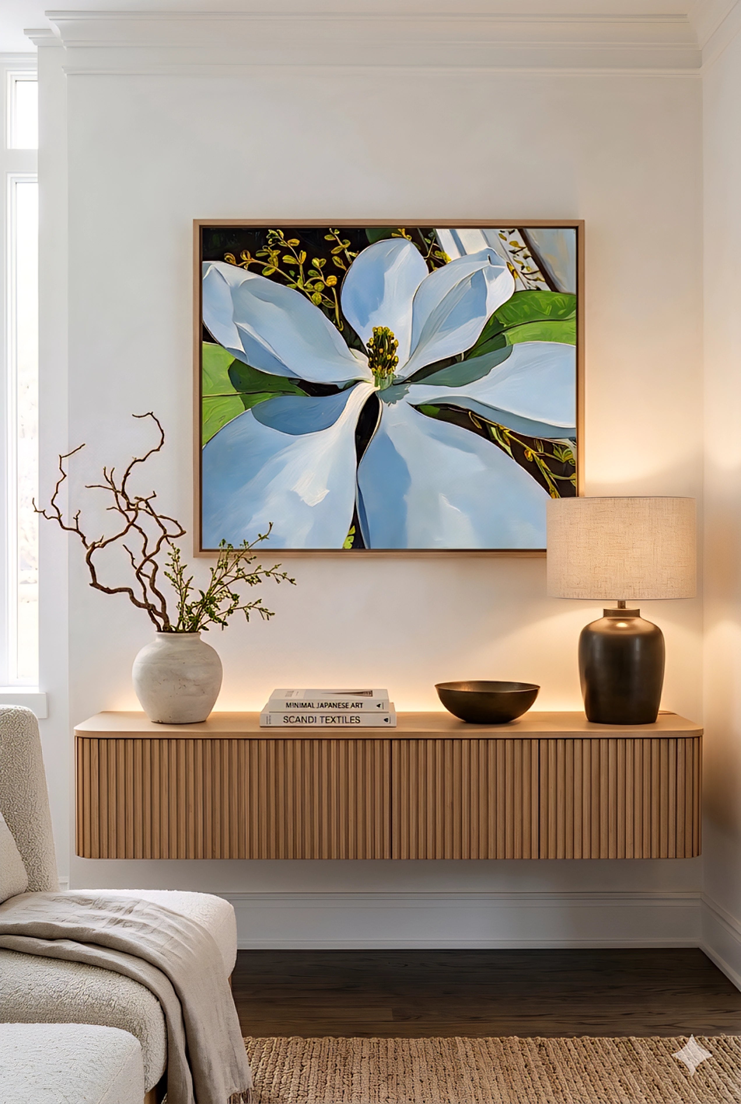 Magnolia flower wall art printable above floating wood console, large white floral artwork in modern neutral living room, botanical digital download, minimalist decor with warm lighting and natural textures