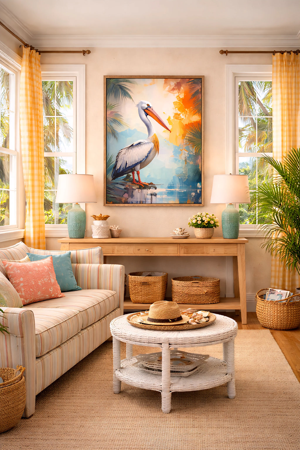 Alt text
Coastal pelican wall art printable tropical bird digital download cropped to fit a narrow 
Space between windows in den.