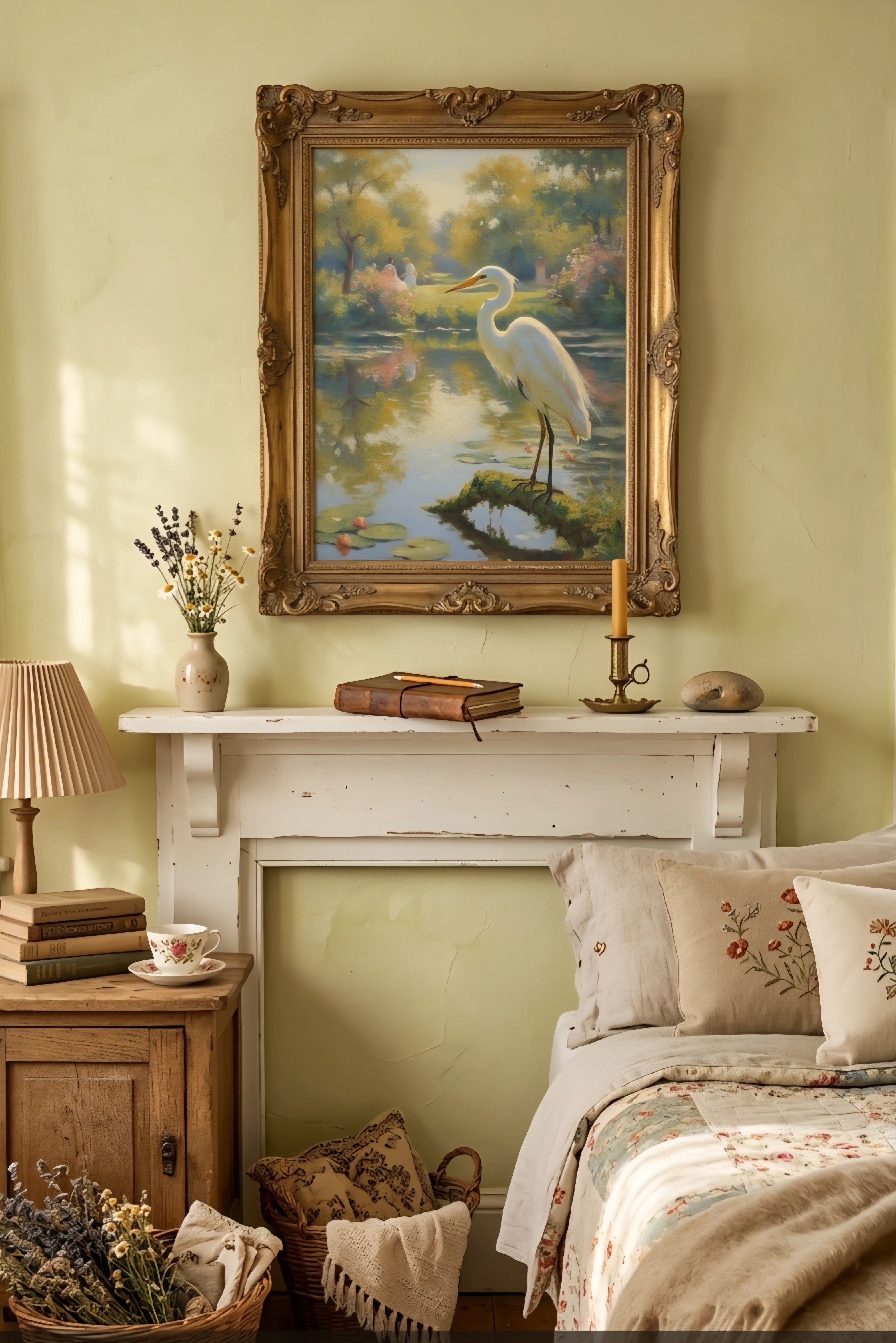 Vintage egret painting wall art printable displayed above a mantel in a cozy cottage style bedroom with soft neutral bedding and antique decor.