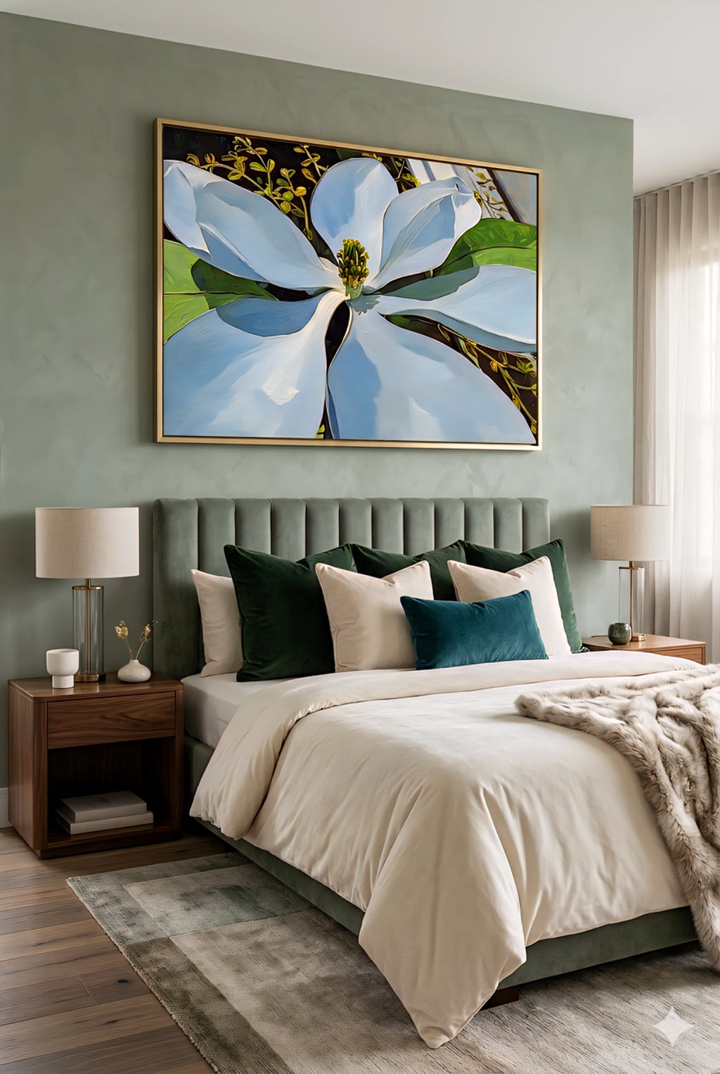 Magnolia flower wall art printable in green bedroom, large white floral artwork above bed, botanical digital download, modern bedroom decor with rich green tones, neutral bedding and elegant styling