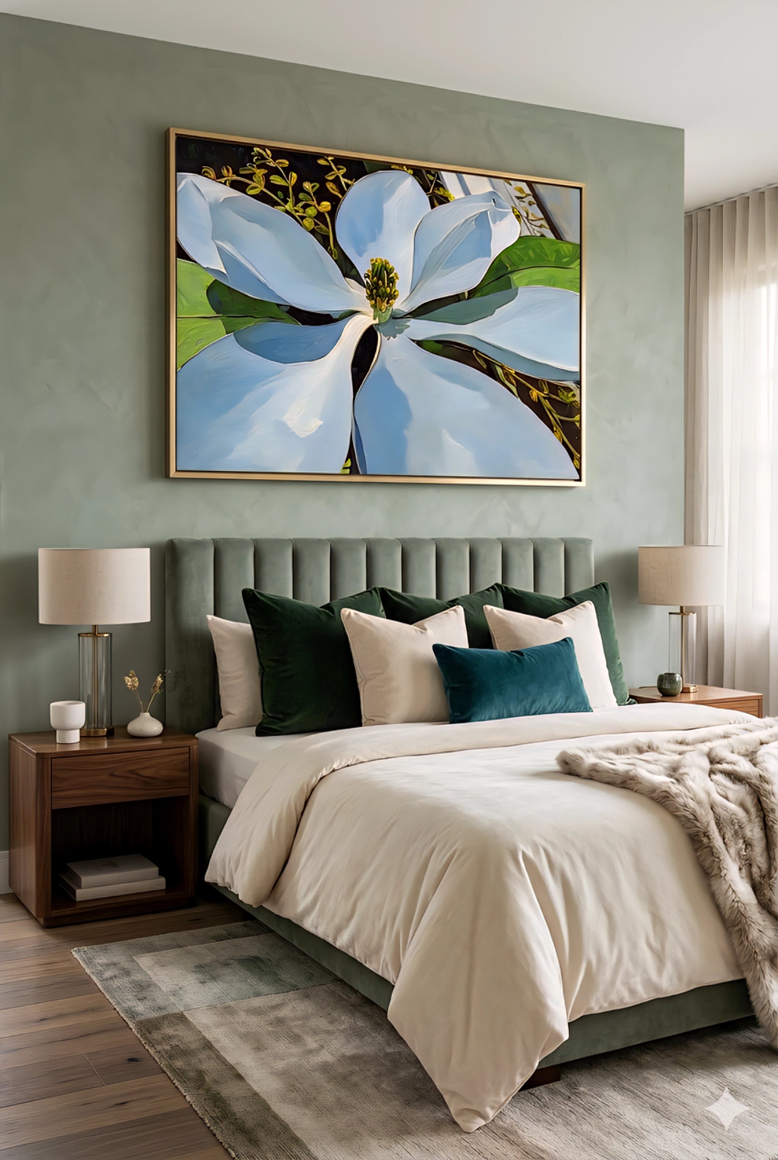 Magnolia flower wall art printable in green bedroom, large white floral artwork above bed, botanical digital download, modern bedroom decor with rich green tones, neutral bedding and elegant styling