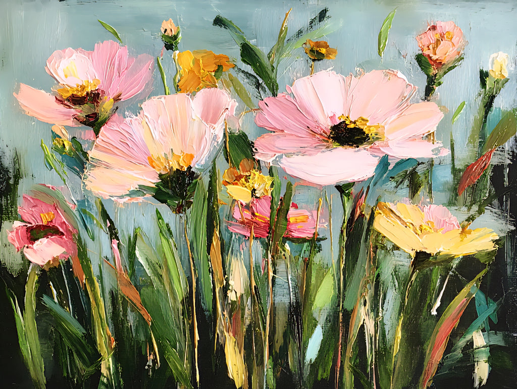 Painting of pink and yellow flowers with green stems on a blue background