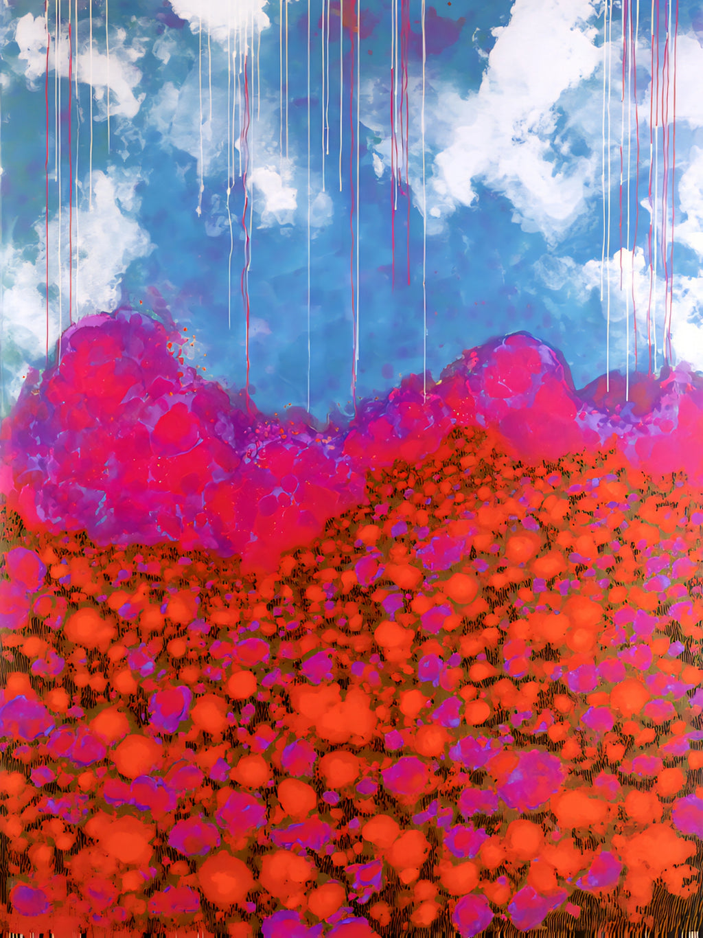 Bright vertical abstract landscape with blue sky, white clouds, and vivid pink and orange textured field with vertical paint drips, modern printable wall art digital download