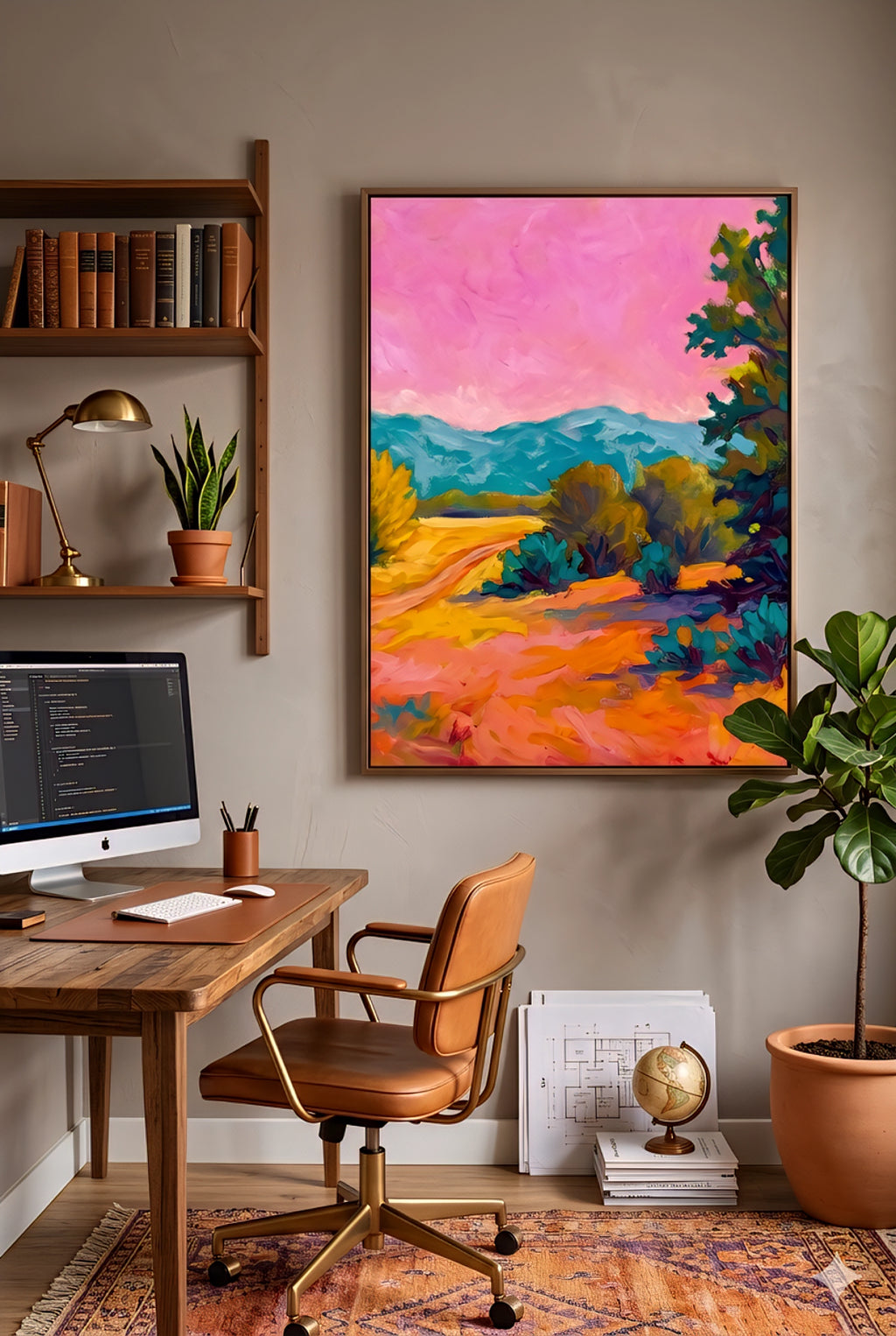 Colorful desert landscape wall art with pink sky in modern home office, vertical framed printable artwork above desk with warm wood tones and plants, digital download in horizontal vertical and square orientations