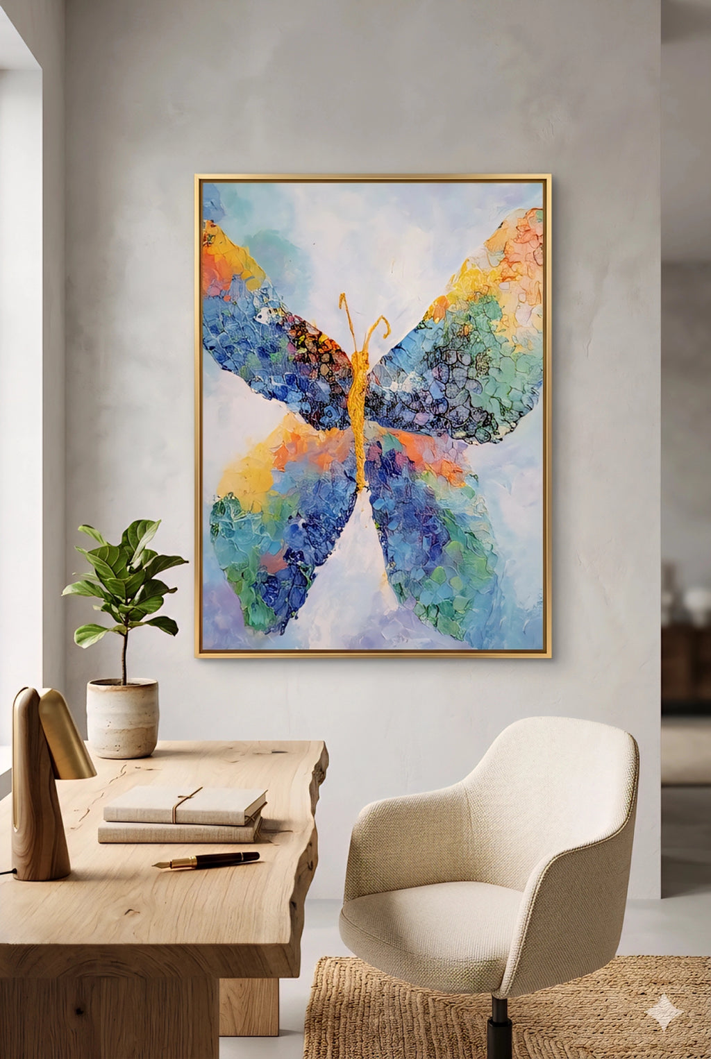 Colorful abstract butterfly wall art in gold frame above modern wood desk with neutral chair and plant, vibrant printable artwork in minimalist home office setting