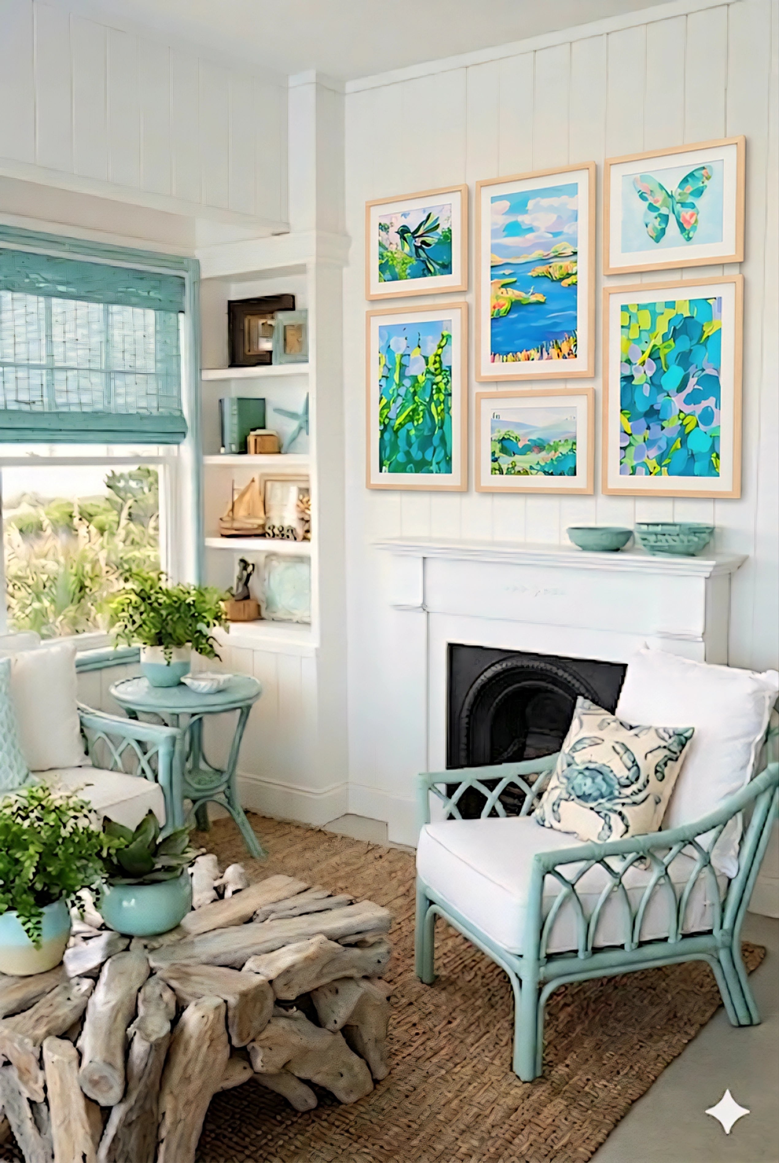 coastal gallery wall printable set in light wood frames styled above fireplace, blue green beach artwork for fresh coastal cottage living room decor