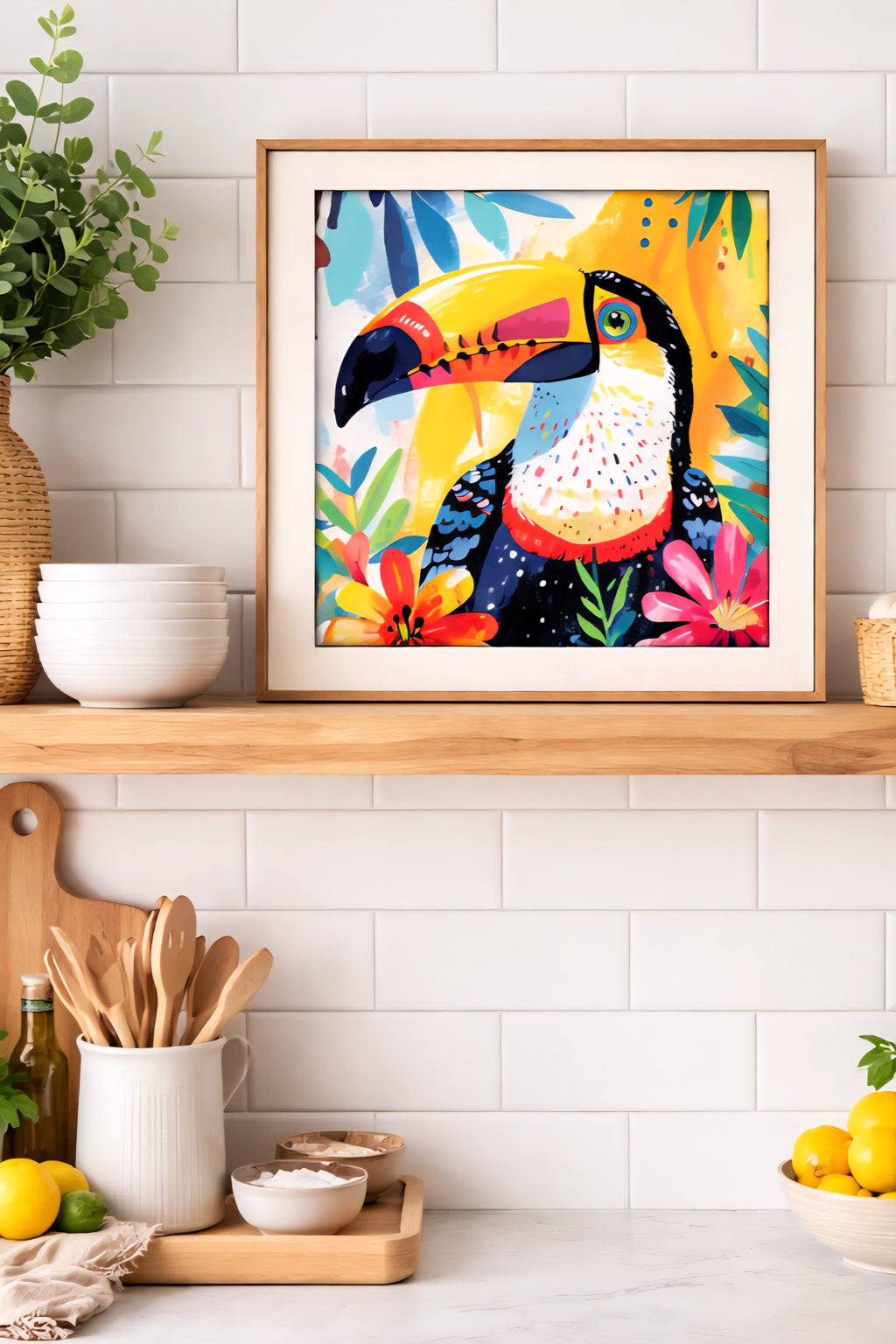 Tropical toucan printable wall art displayed on kitchen shelf with white tile backsplash and natural wood decor.