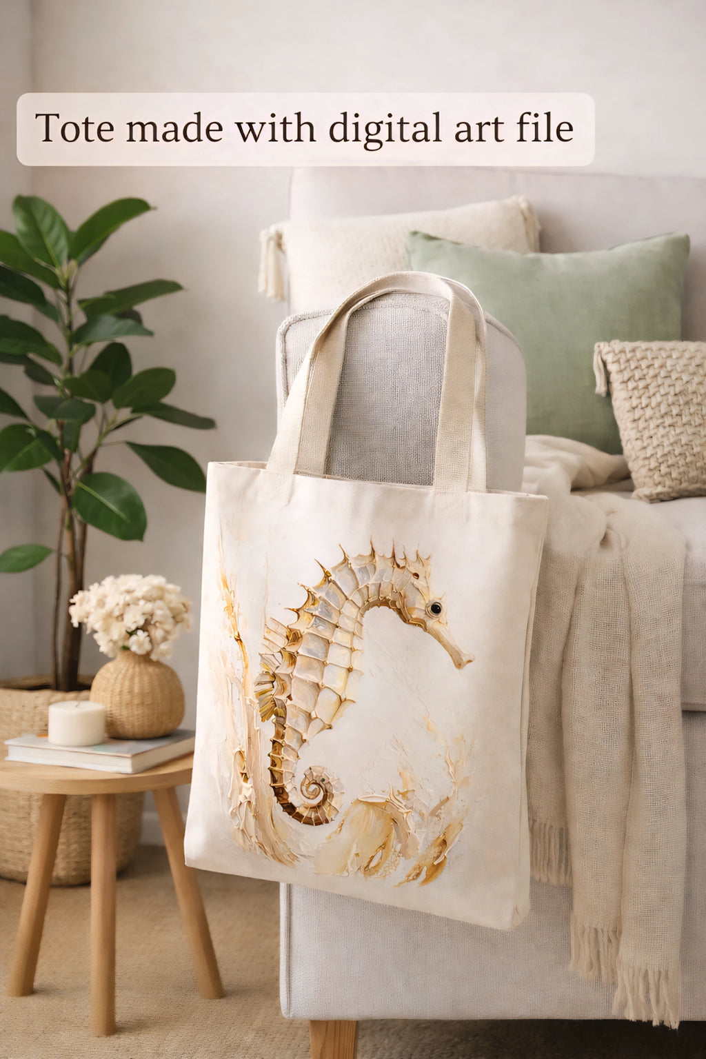 canvas tote bag made with seahorse digital art file