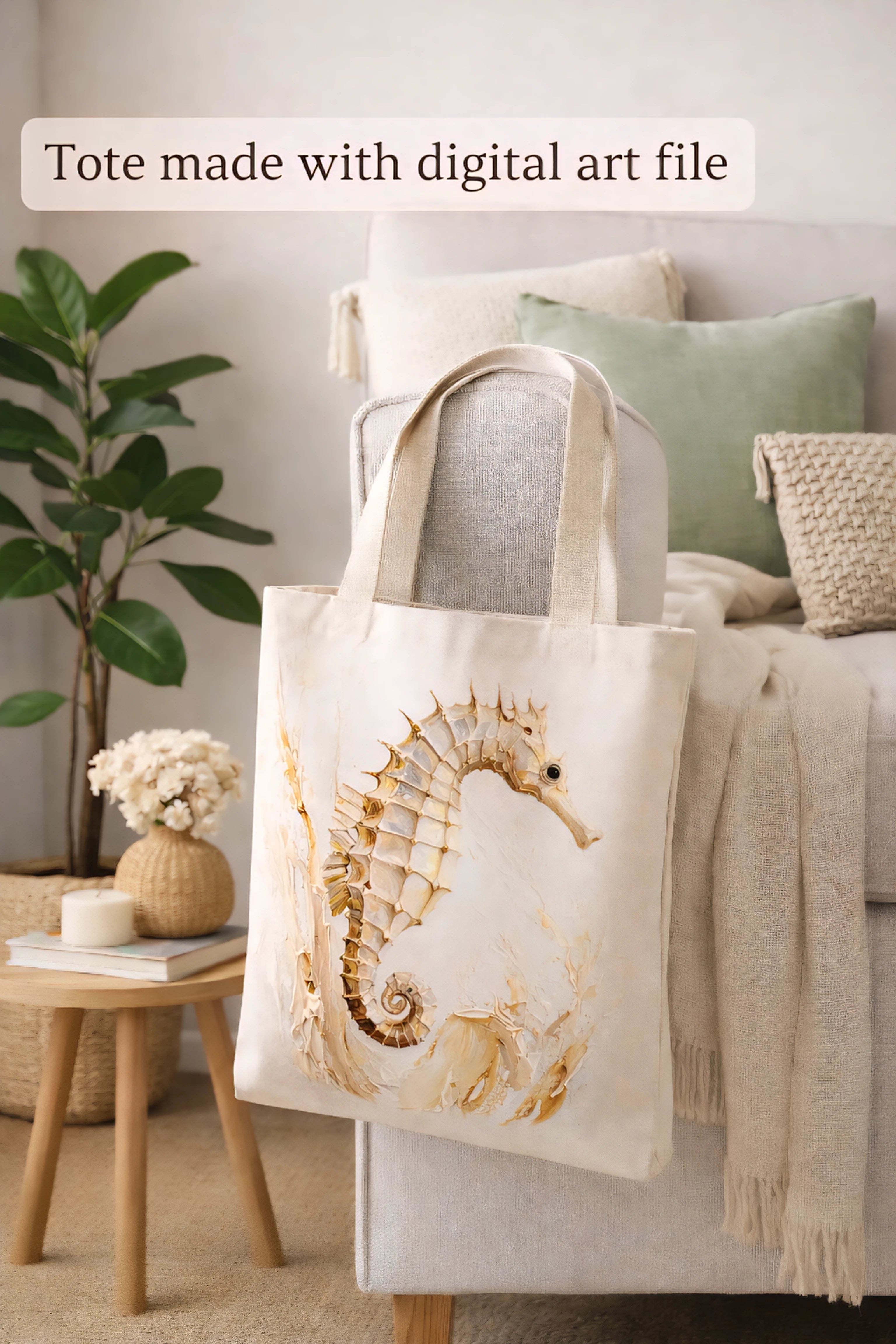 canvas tote bag made with seahorse digital art file