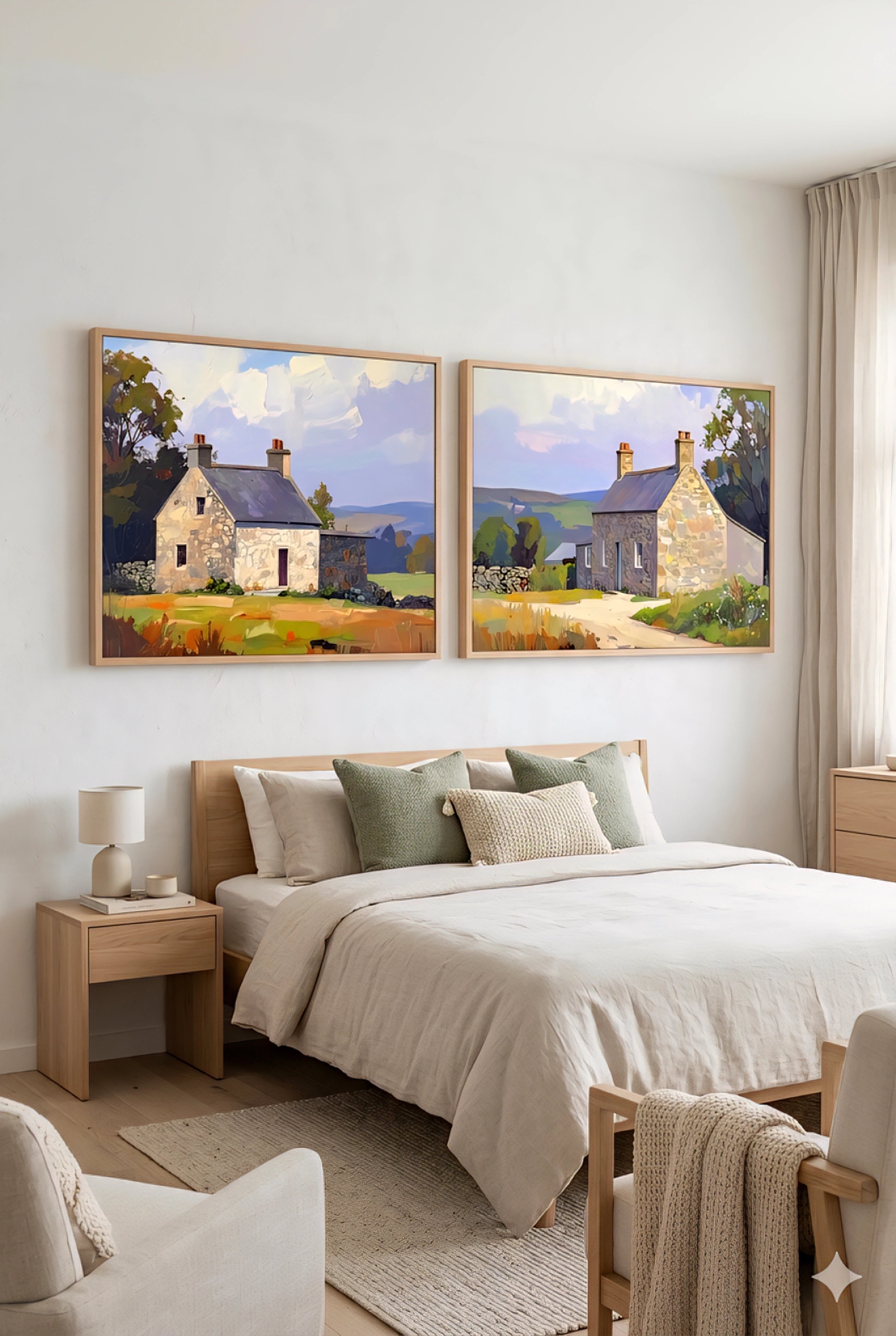 Set of 2 cottagecore landscape wall art prints featuring stone cottages and countryside scenery, horizontal artwork styled above a neutral cozy bedroom bed
