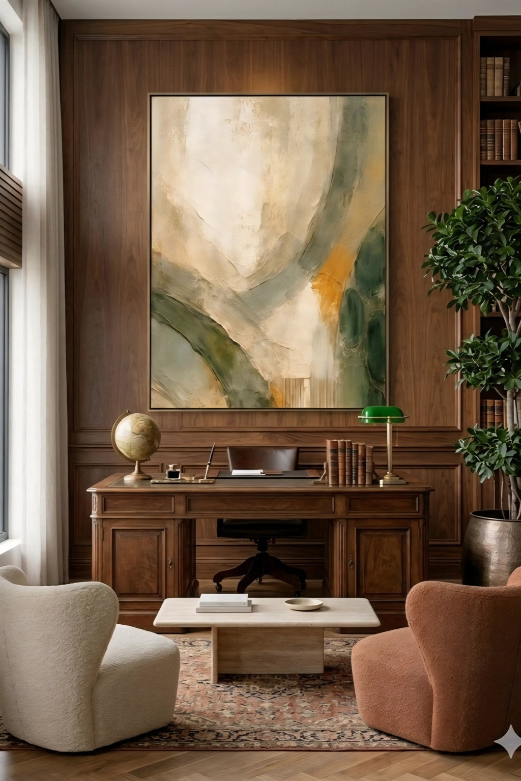 Large earth tone abstract wall art in vertical frame above wood desk, warm study with paneled walls, books, and rich neutral decorinspo