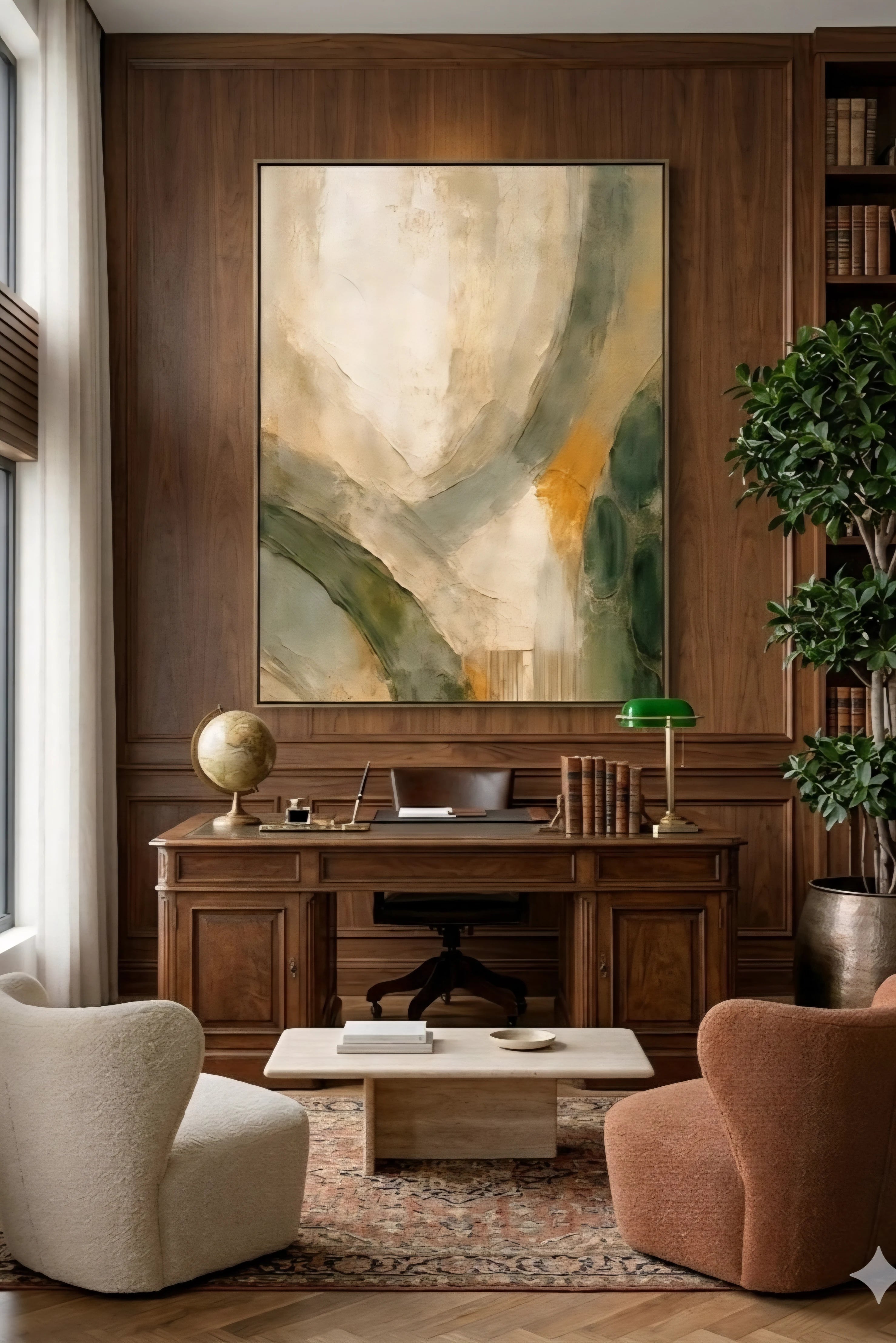 Large earth tone abstract wall art in vertical frame above wood desk, warm study with paneled walls, books, and rich neutral decorinspo