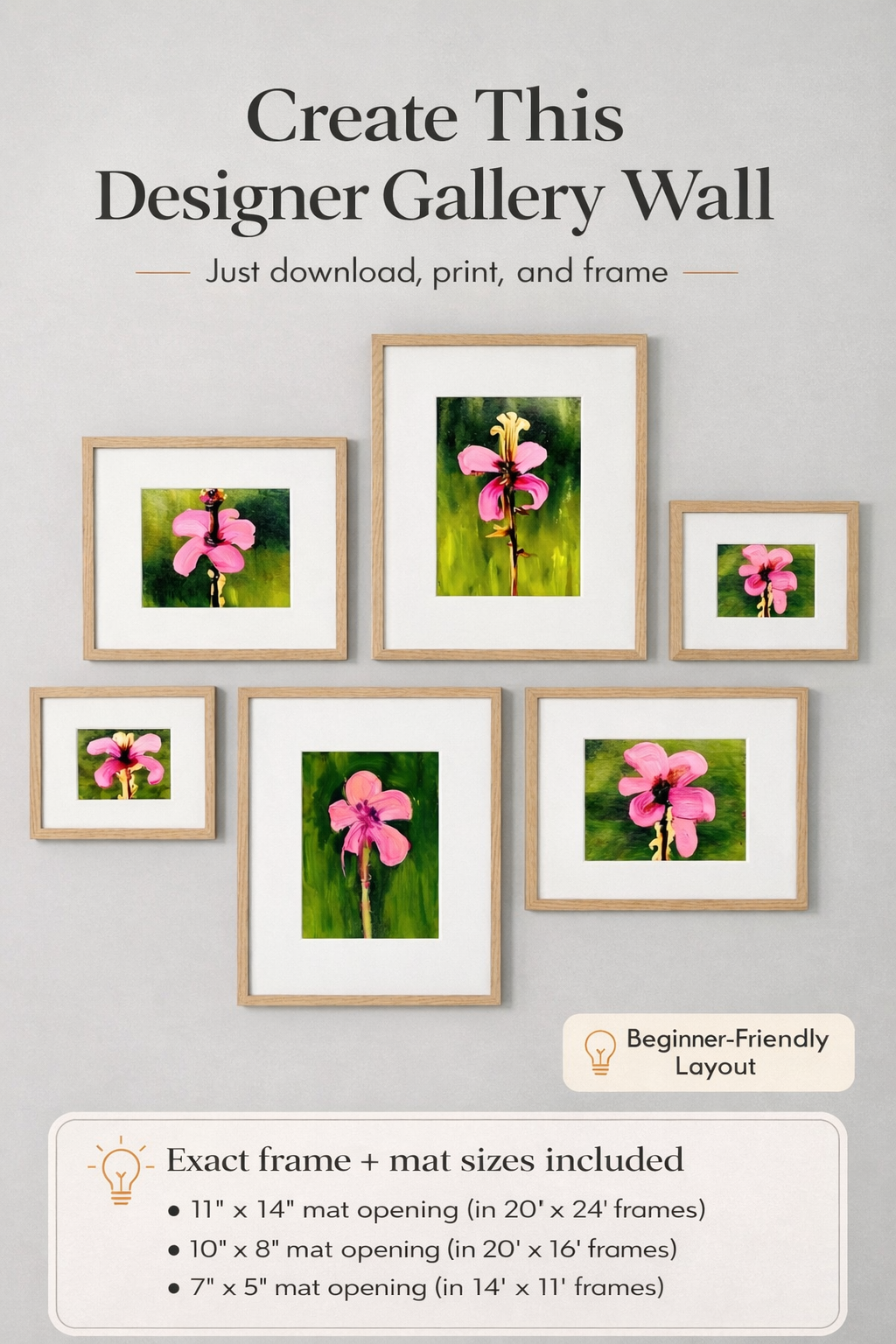 Create this designer gallery wall printable art set, pink floral wall art layout with exact frame and mat sizes, beginner friendly DIY wall decor download, affordable 