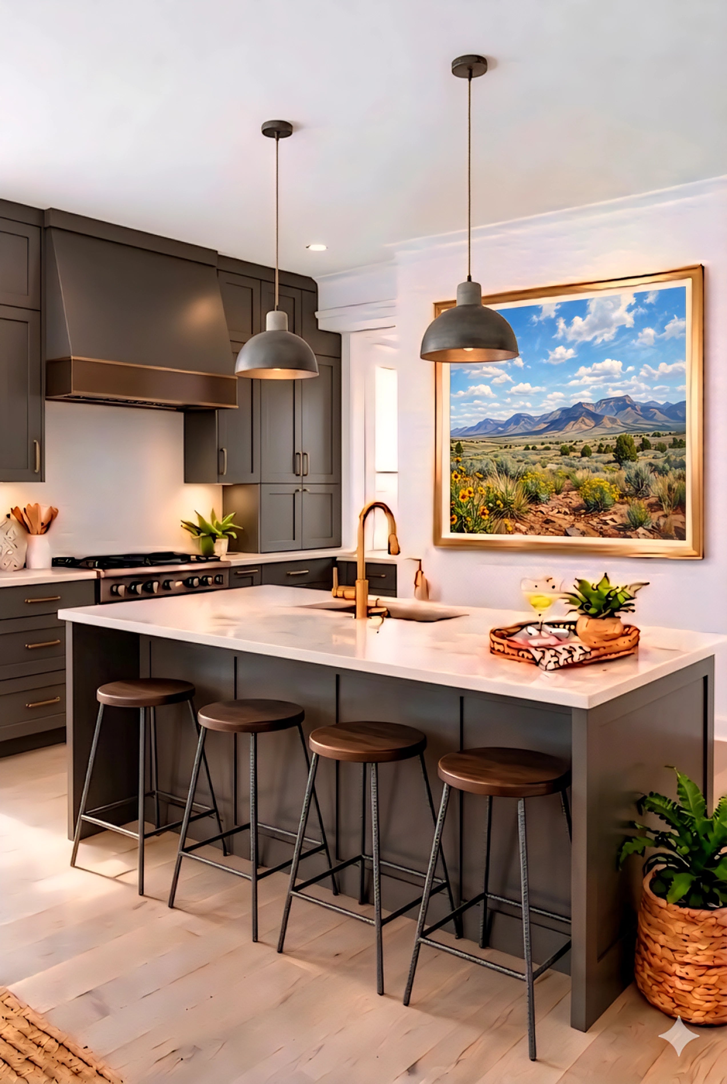 Desert mountain landscape wall art in modern kitchen, southwest printable artwork with blue sky and wildflowers decorinspo