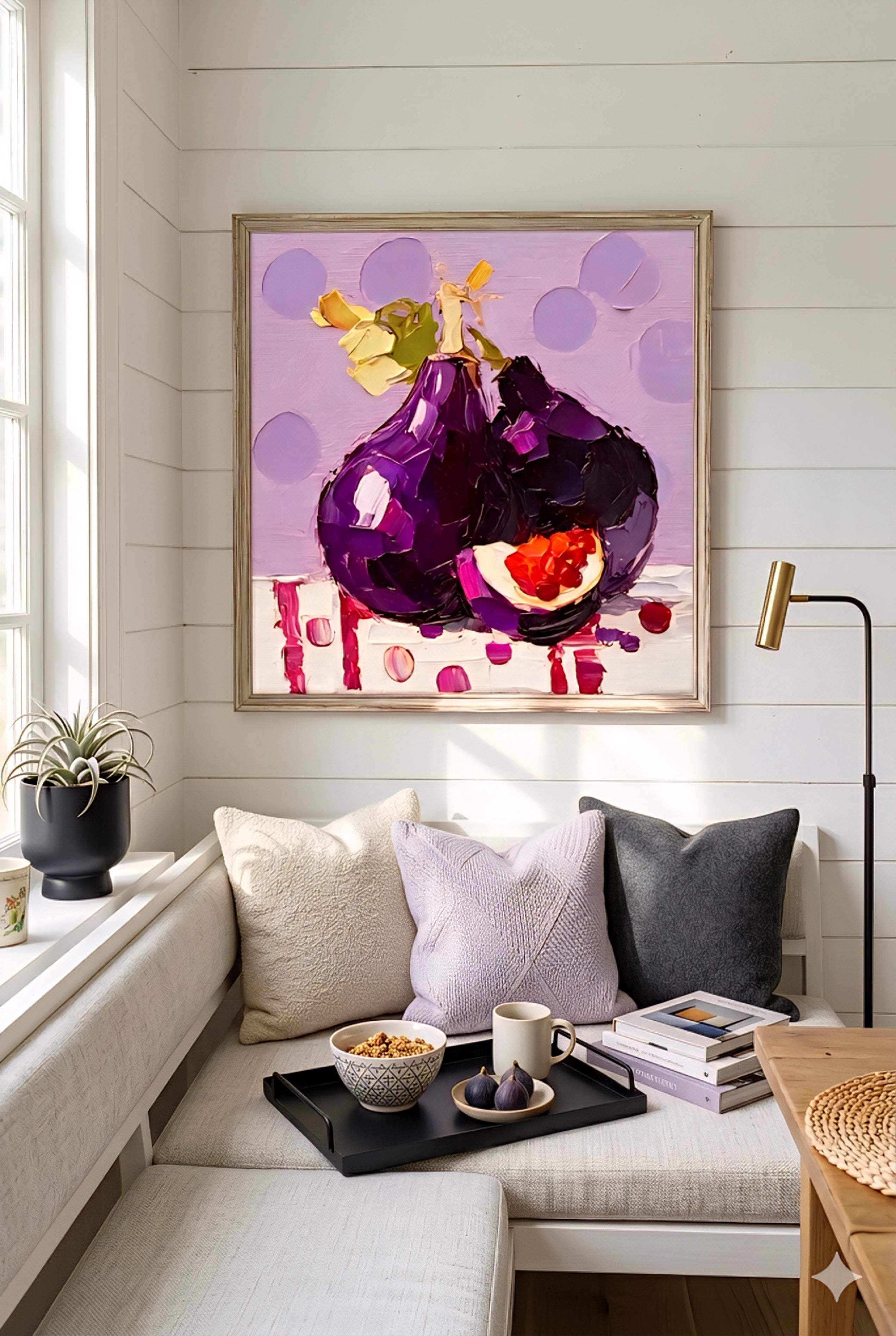Savvy Places framed purple fig wall art printable in cozy kitchen nook with neutral decor, modern still life digital download wall art