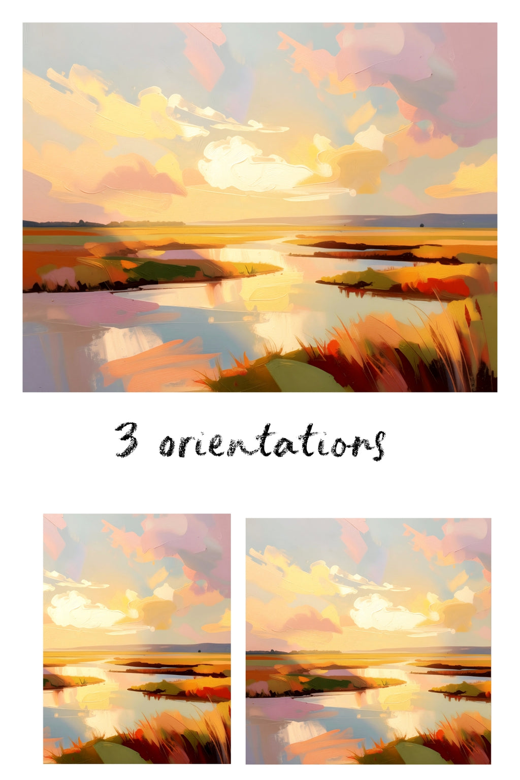 Three orientations of a scenic landscape with a sunset over water and sky.