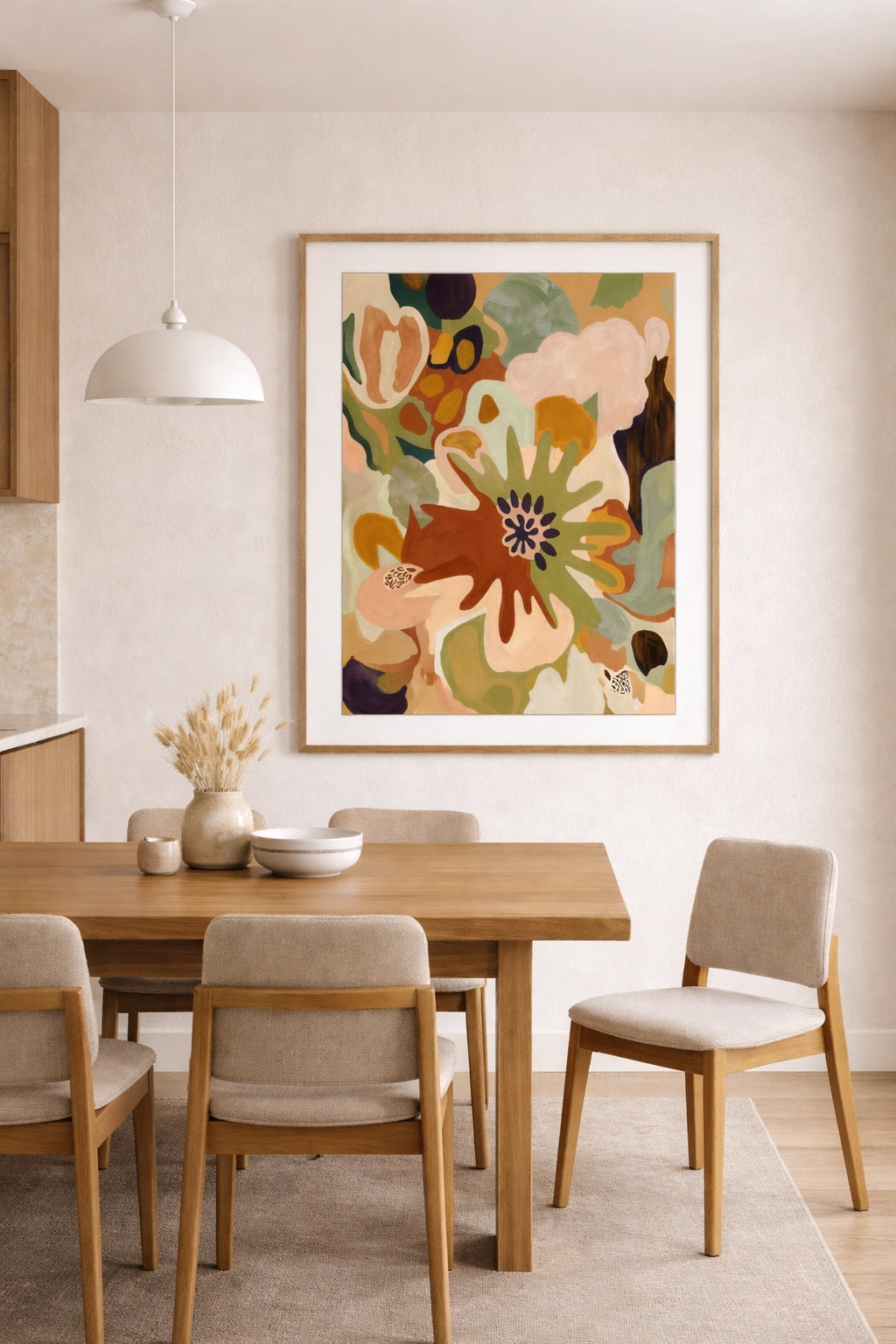 Savvy Places abstract floral wall art in warm neutral tones styled in a modern dining room with wood table and soft minimal decor.