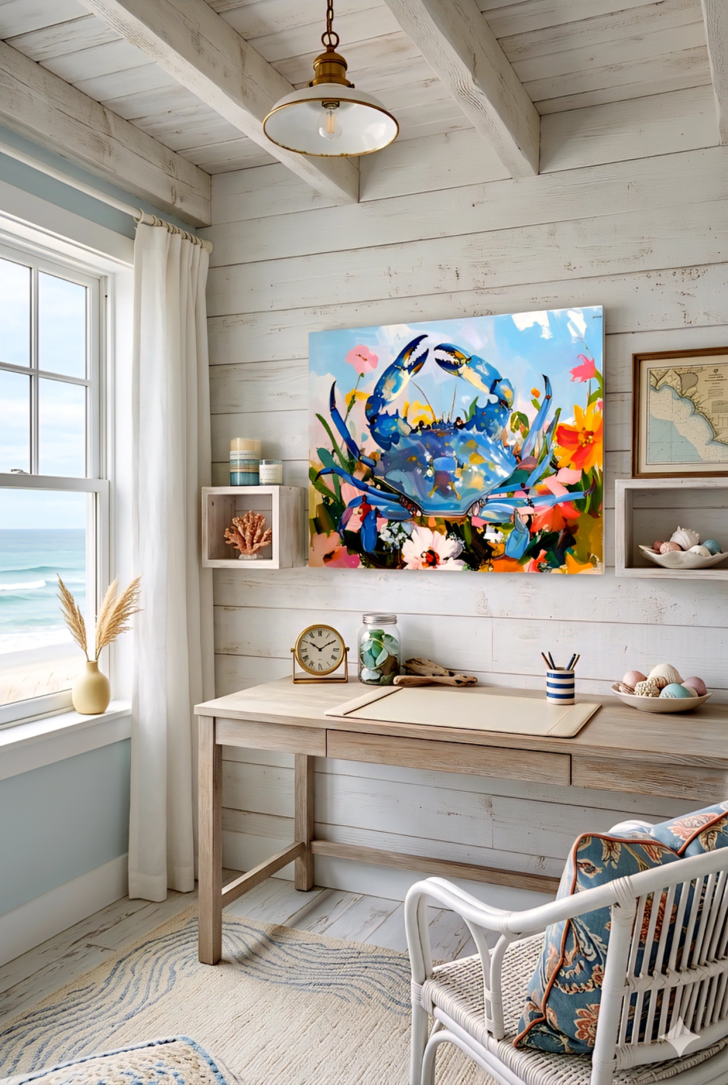 Blue crab coastal wall art above a light wood desk in a beach style home office with ocean view, white shiplap walls, and soft seaside decor