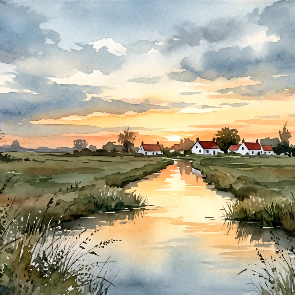 Coastal sunset village square printable wall art with calm river reflection soft clouds and warm neutral landscape scene