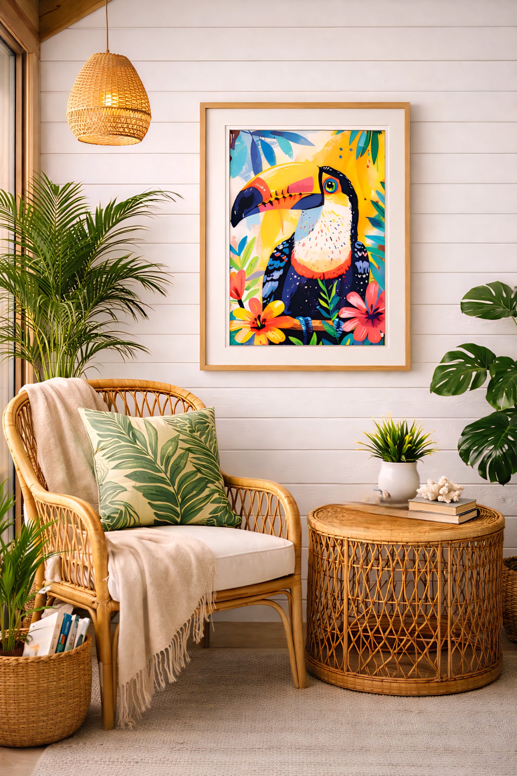 Tropical toucan printable wall art displayed in cozy reading nook with rattan chair.
