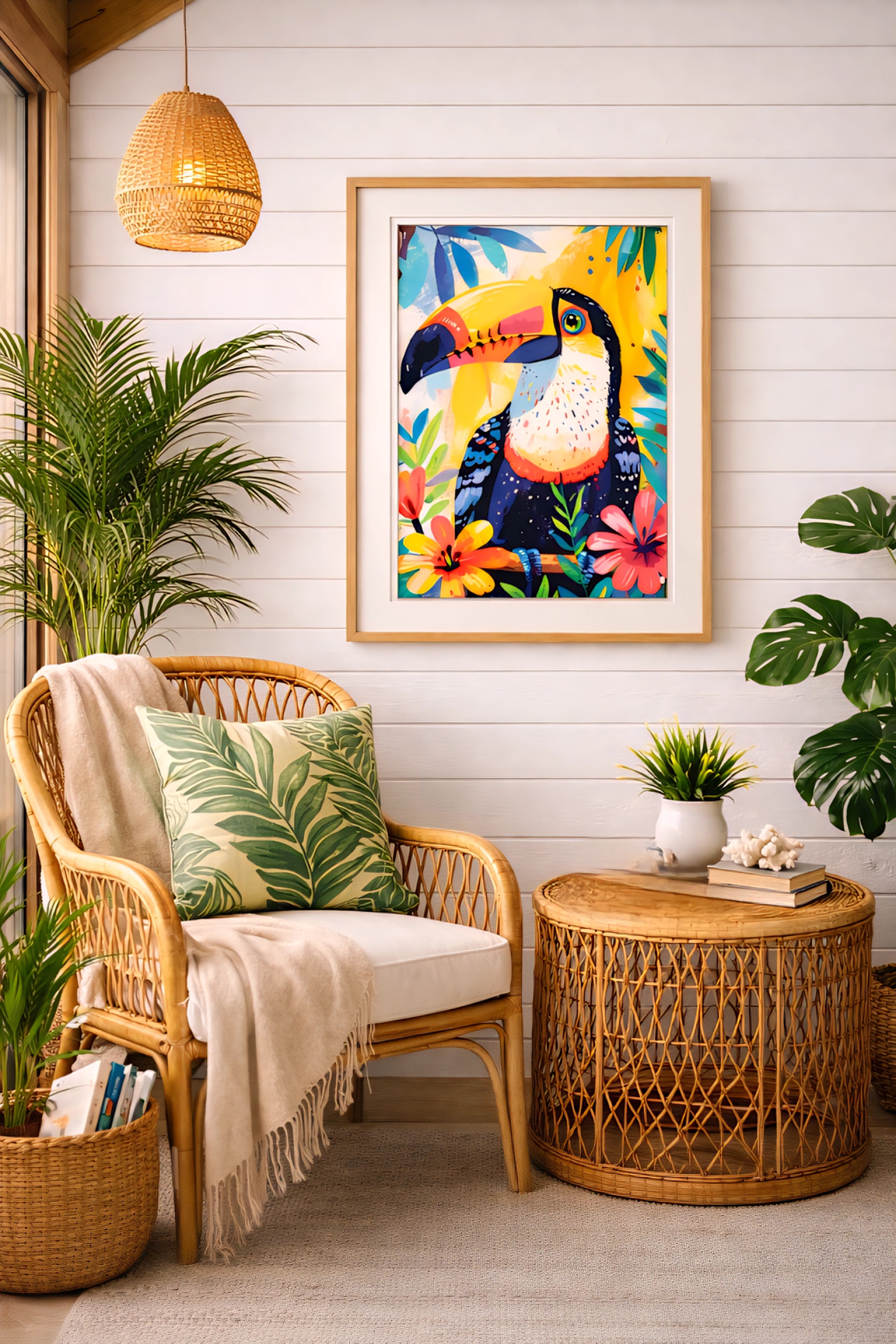 Tropical toucan printable wall art displayed in cozy reading nook with rattan chair.
